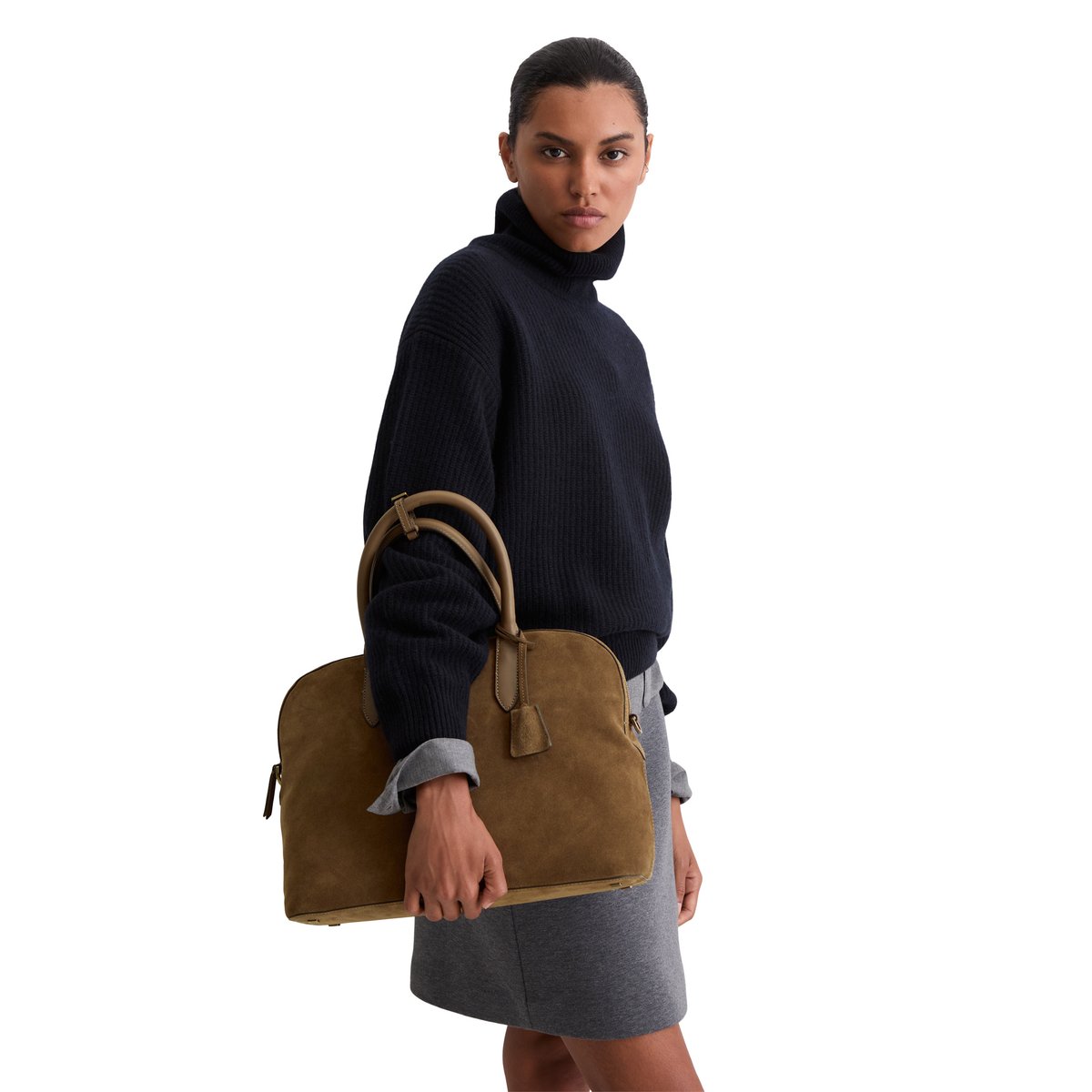 Shopper moyen en cuir de vachette velours doux marron, MARC O'POLO