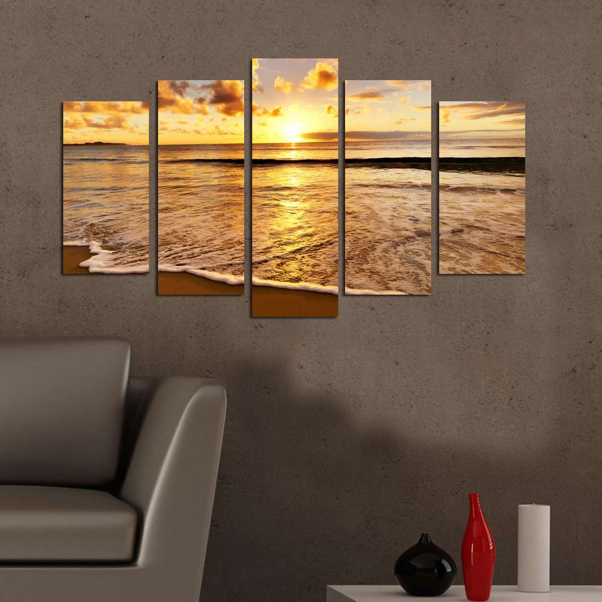 Ensemble de 5 tableaux décoratifs coucher de soleil panoramique orange, TOILINUX