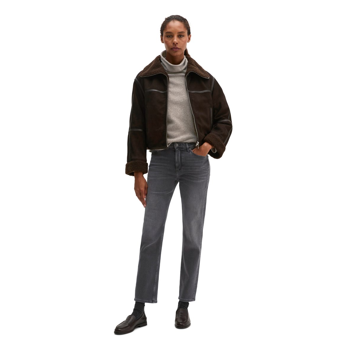 Veste en cuir coupe classique avec une doublure en peluche imitation fourrure à l'intérieur marron, MARC O'POLO