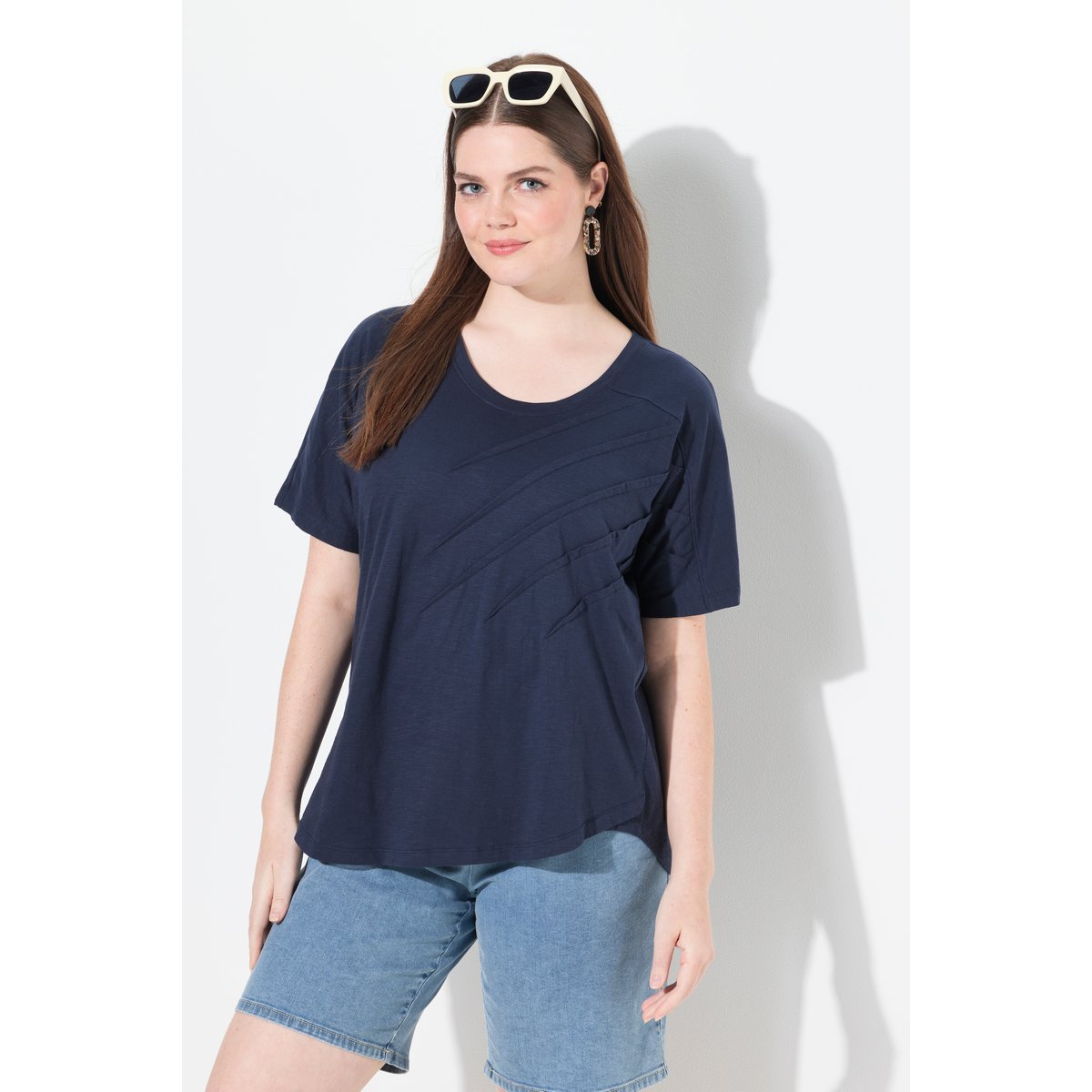 T-shirt, plis, col rond, manches courtes marine, ULLA POPKEN