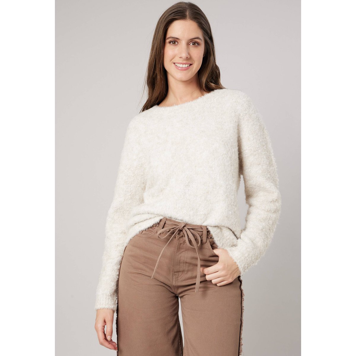 Pull femme en maille duveteuse effet brillant EDNA beige, DEELUXE