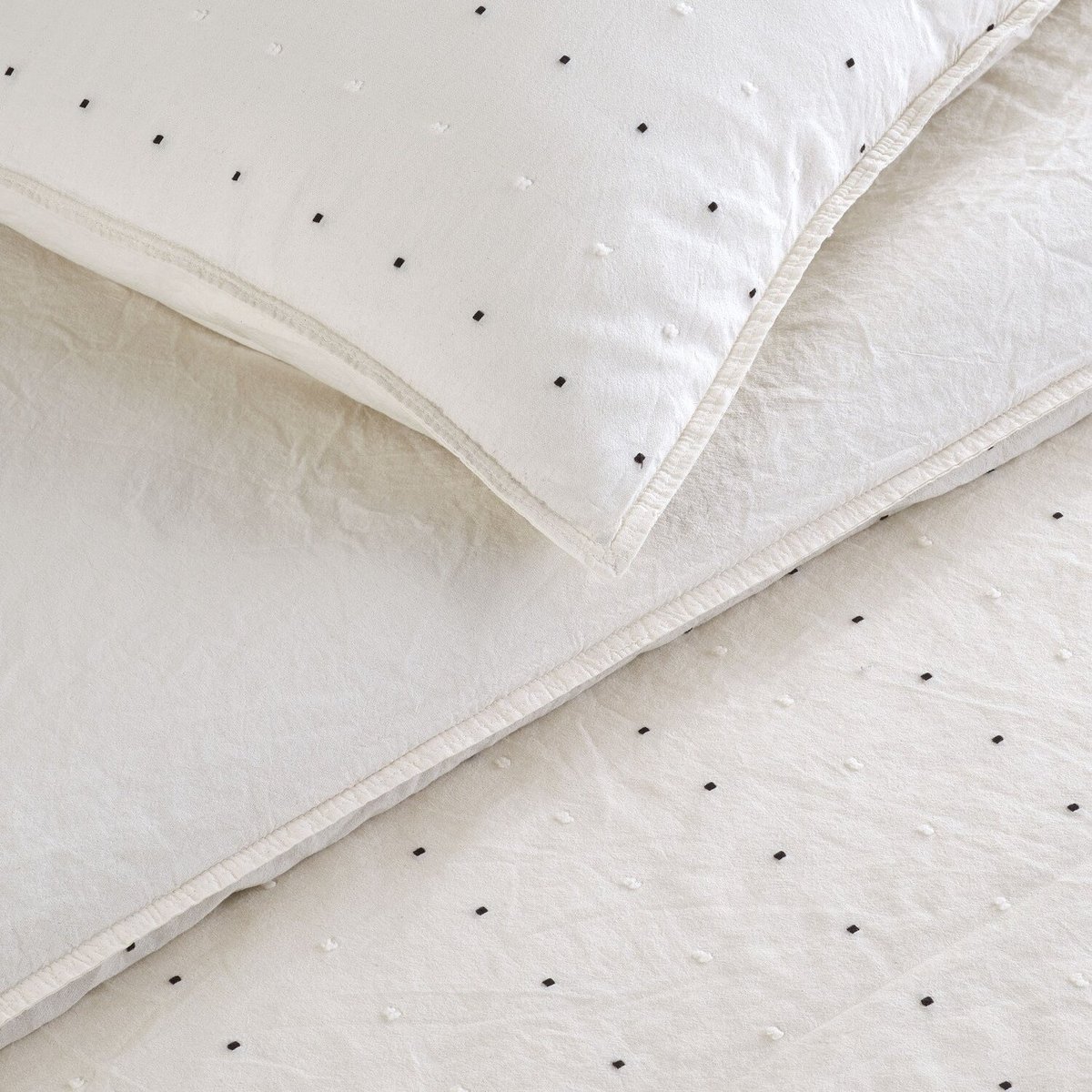 Parure housse de couette coton imprimée pois brodés, Encorte ecru, C DESIGN HOME TEXTILE