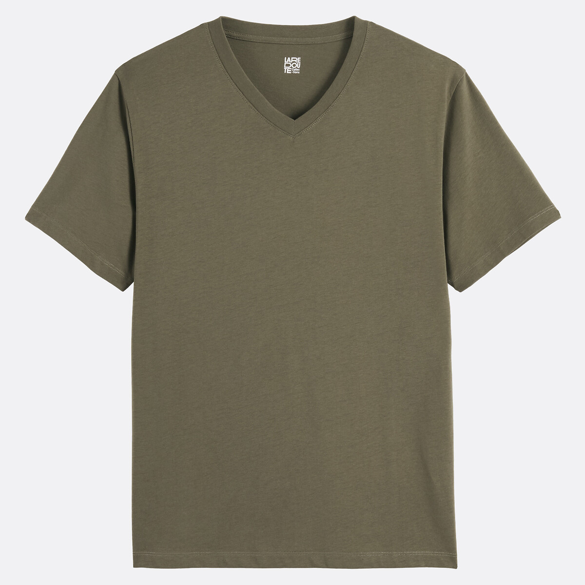 Cotton Short Sleeve V-Neck T-Shirt dark khaki green, LA REDOUTE COLLECTIONS
