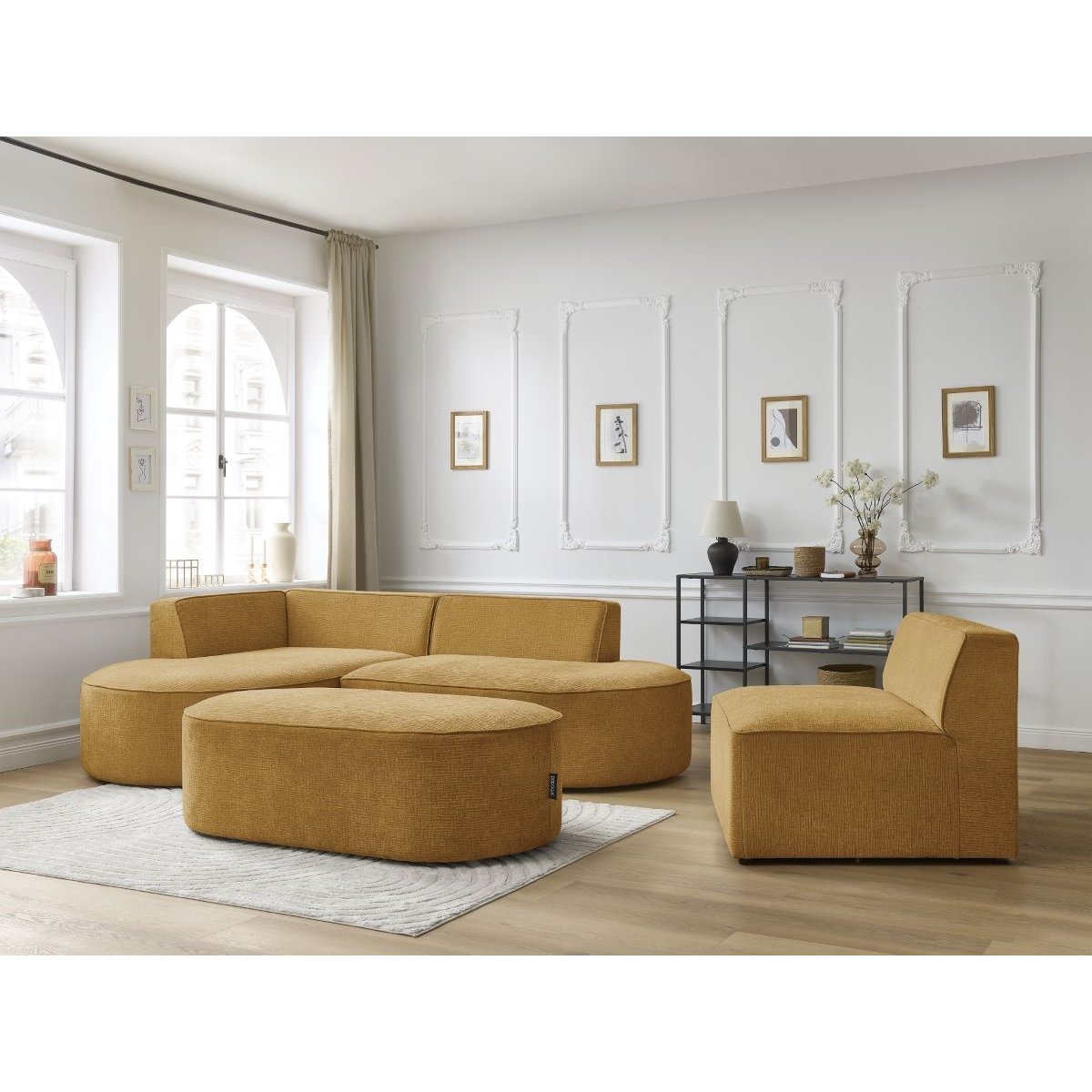 Canapé modulable 6 places en tissu texturé, ROUSSEAU jaune, BOBOCHIC