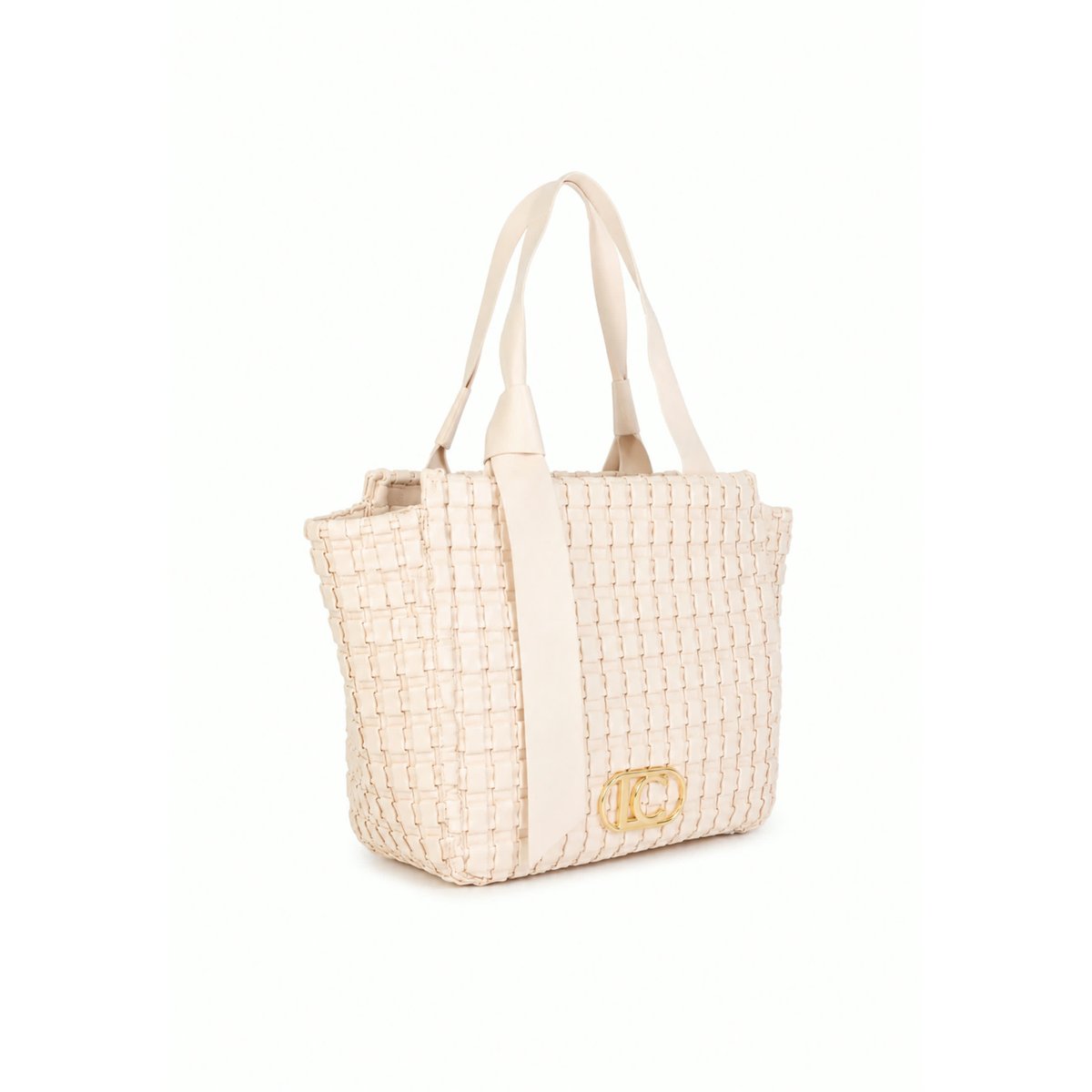 Sac à main tressé à logo métallique ecru, LOLA CASADEMUNT