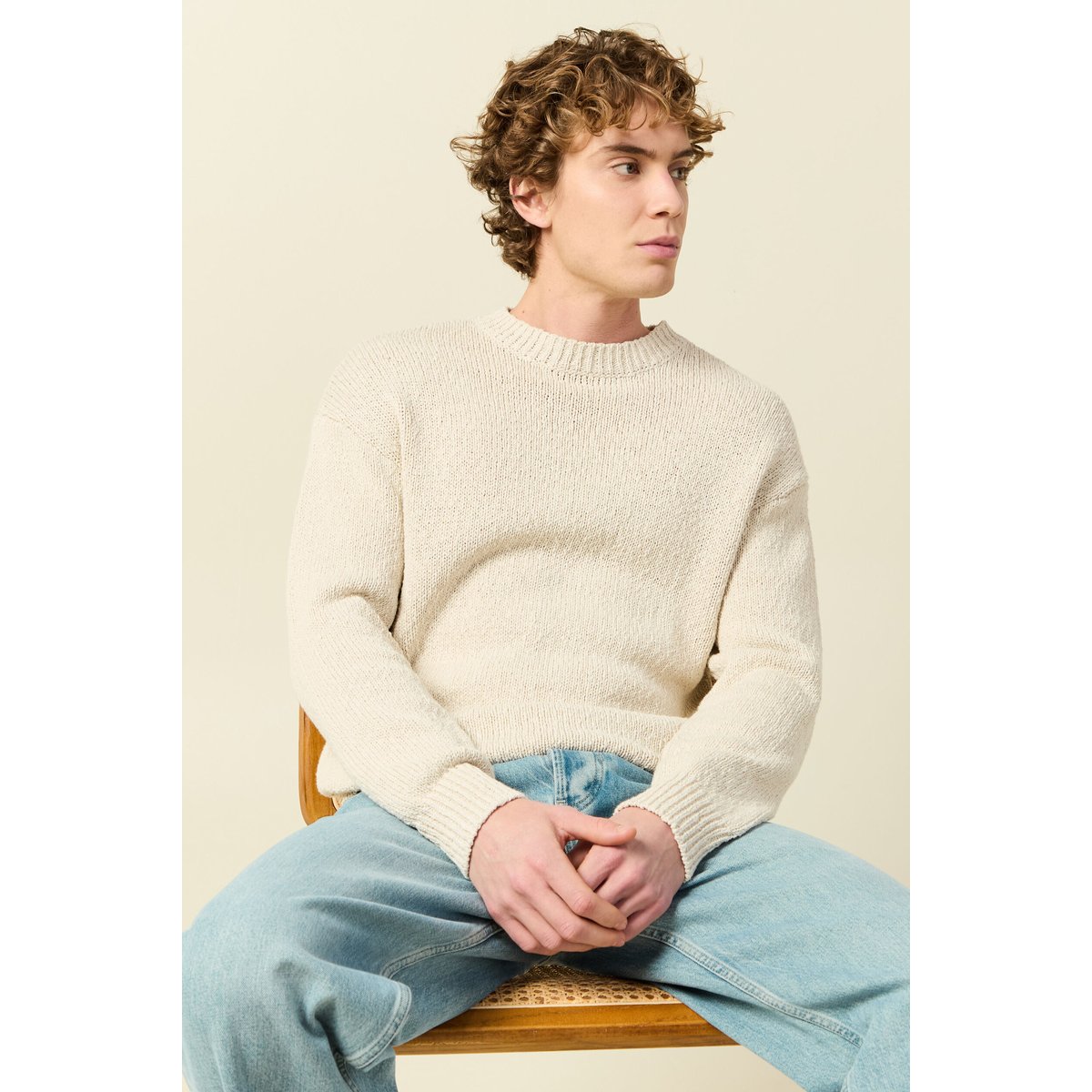 Pull col rond manches longues en coton sable, BONOBO