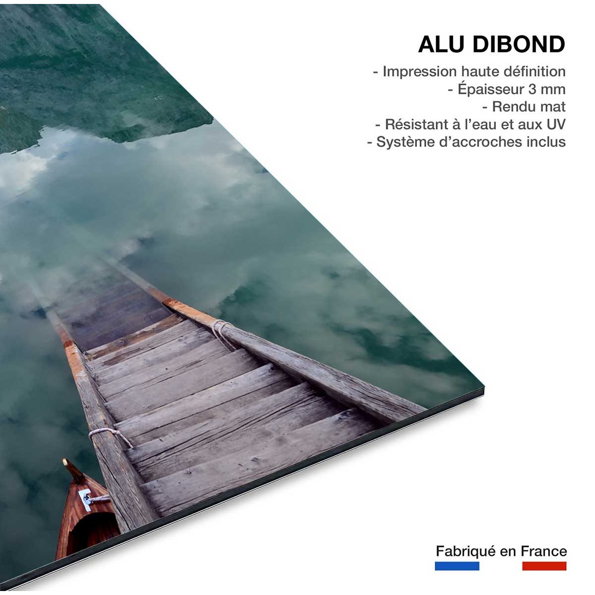 Paysage montagne lac barque dans les dolomites tableau alu dibond, HEXOA