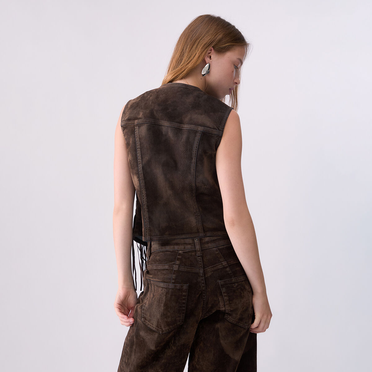 Gilet à franges en tissu floqué denim bleu, LIU JO