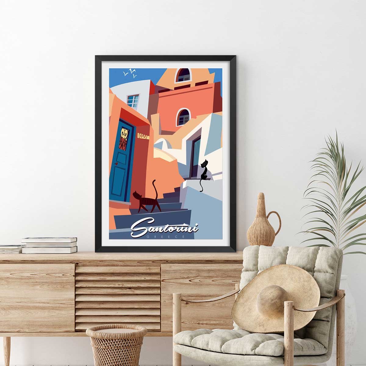 Poster vintage les chats de santorini affiche + cadre en bois - noir, HEXOA