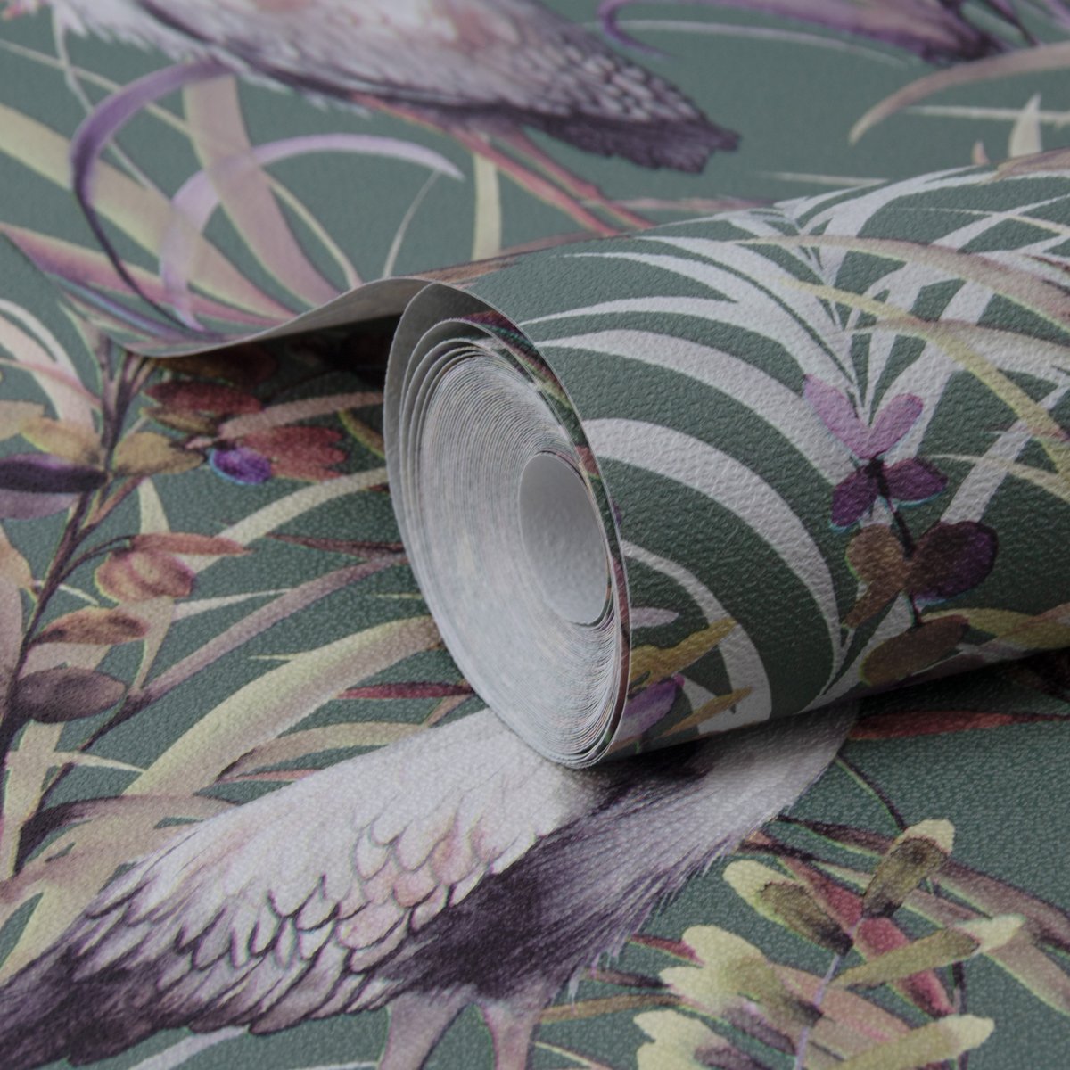 Papier peint Oiseau Héron tropical vert, rose, ocre, SUBLIME