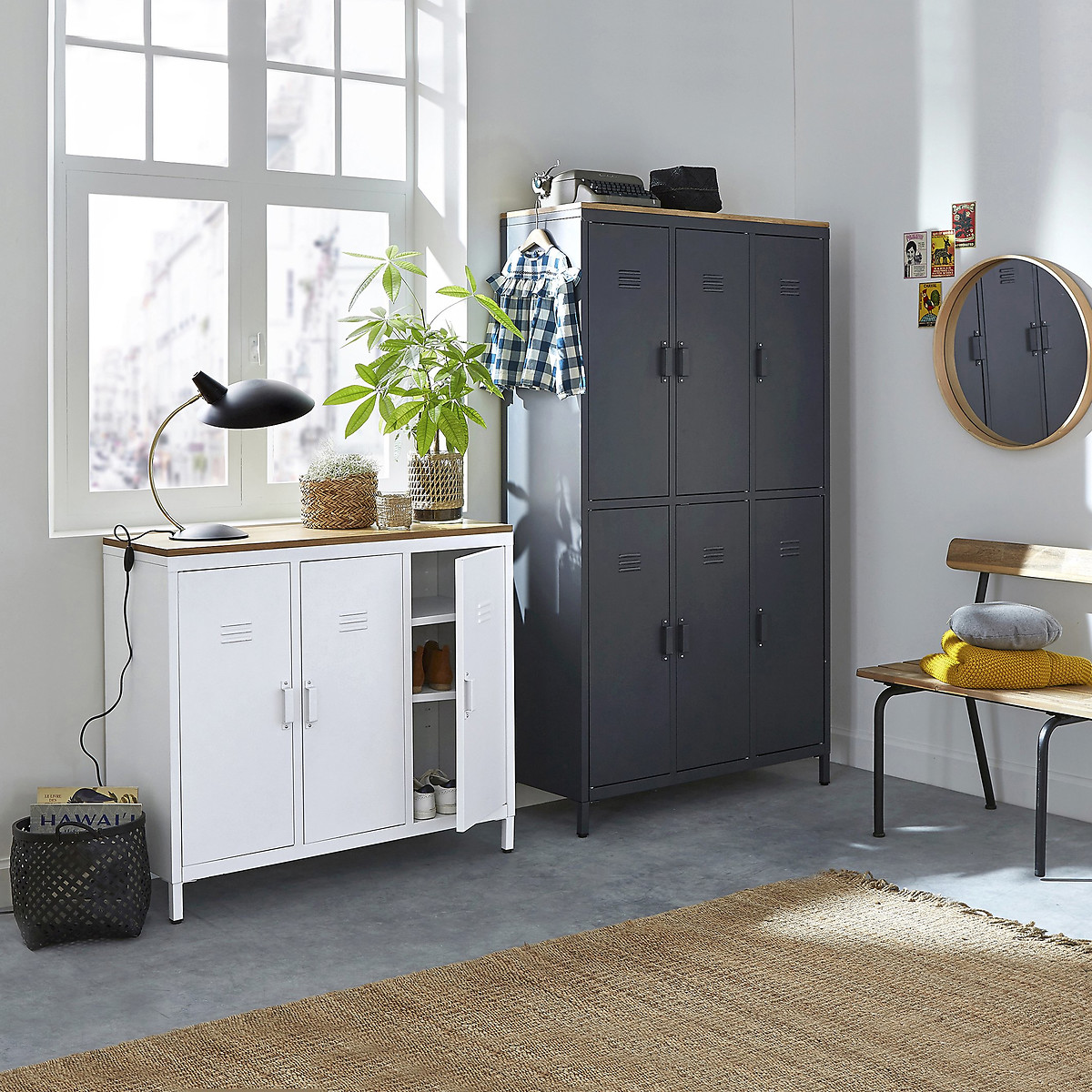 Armoire/Vestiaire 6 portes métal acier, chêne Hiba gris anthracite, LA REDOUTE INTERIEURS