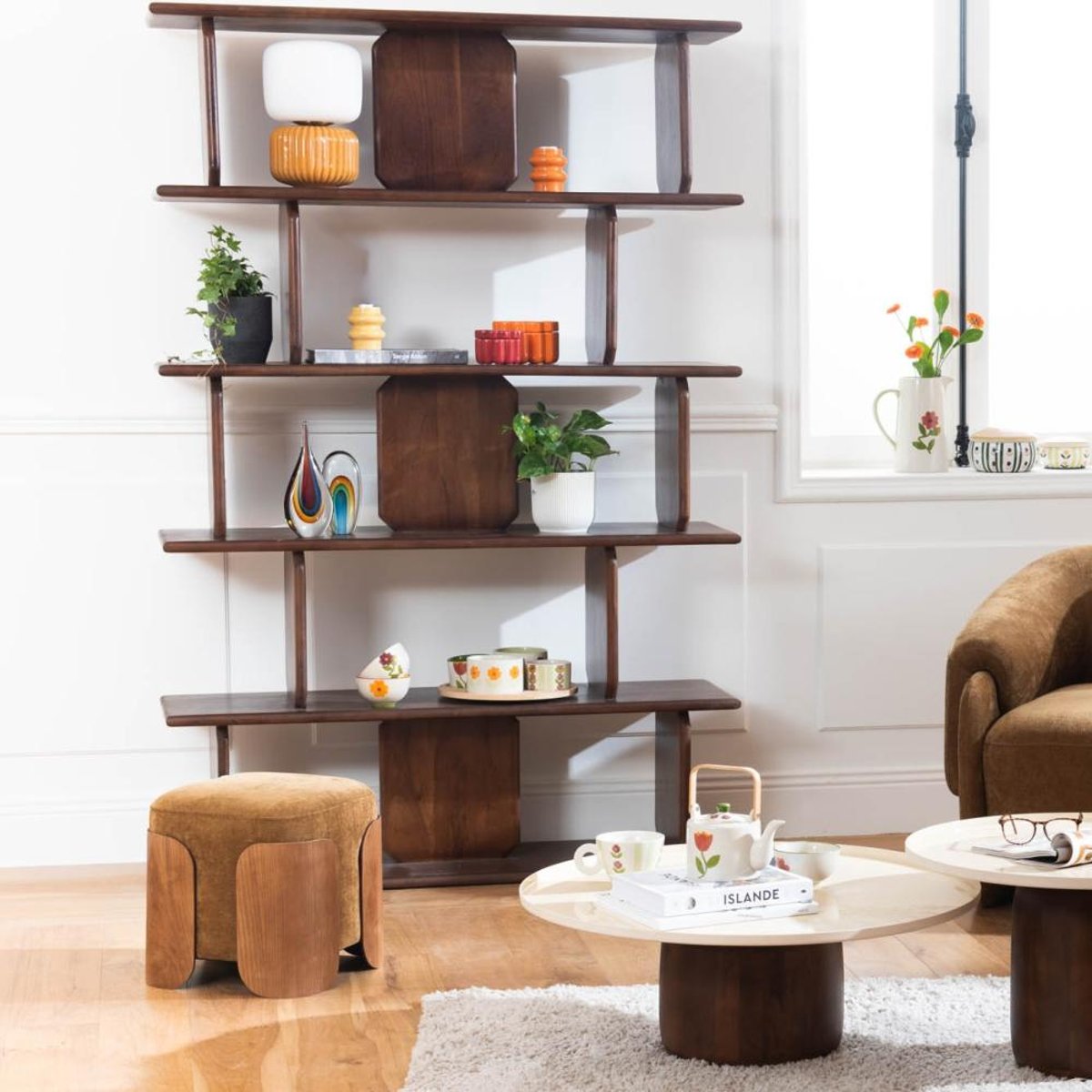 Pouf rond en tissu   et bois Ø35 cm Aubépine marron, AMADEUS