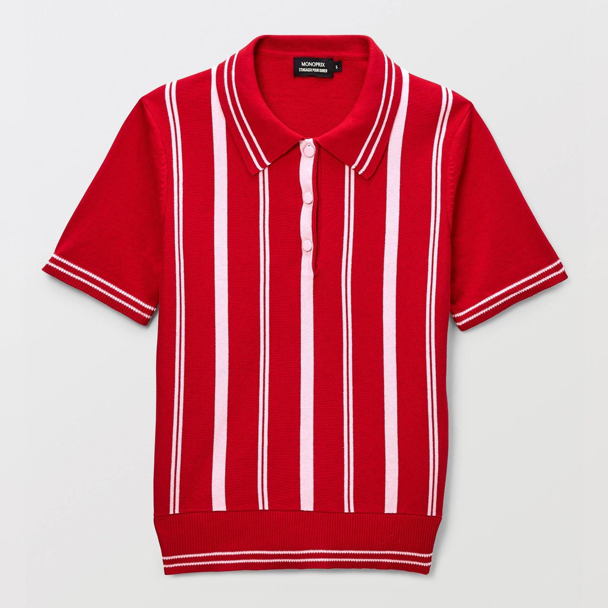 Polo rayé en maille à manches courtes goyave, MONOPRIX