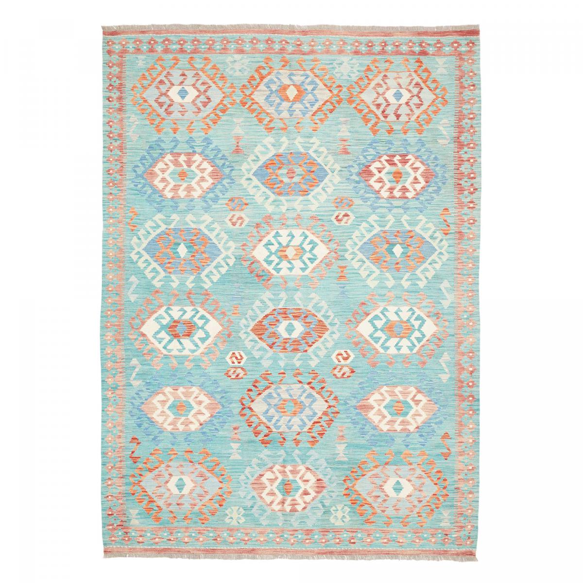 Tapis kilim géométrique, tissé à plat, en laine naturelle bleu, blanc, orange, UN AMOUR DE TAPIS