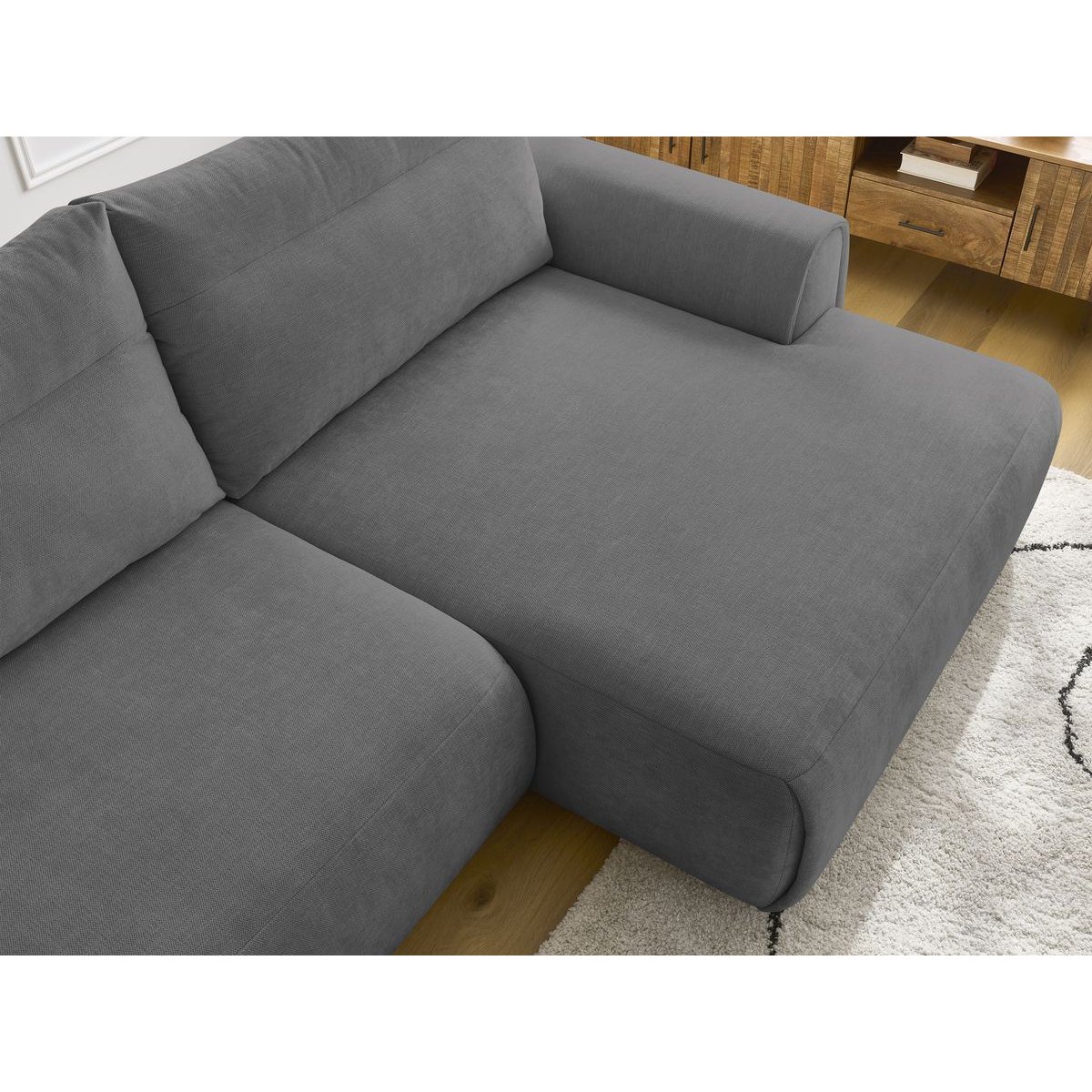 Canapé d'angle fixe incurvé 3 places tissu lisse, ADEN gris foncé, BOBOCHIC