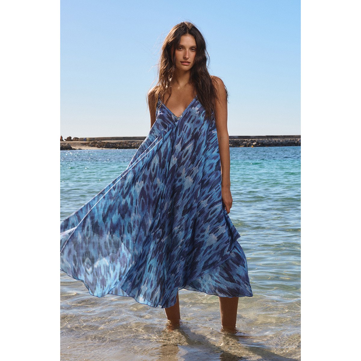 Longue robe fluide en coton, imprimée blue indigo, MOLLY BRACKEN