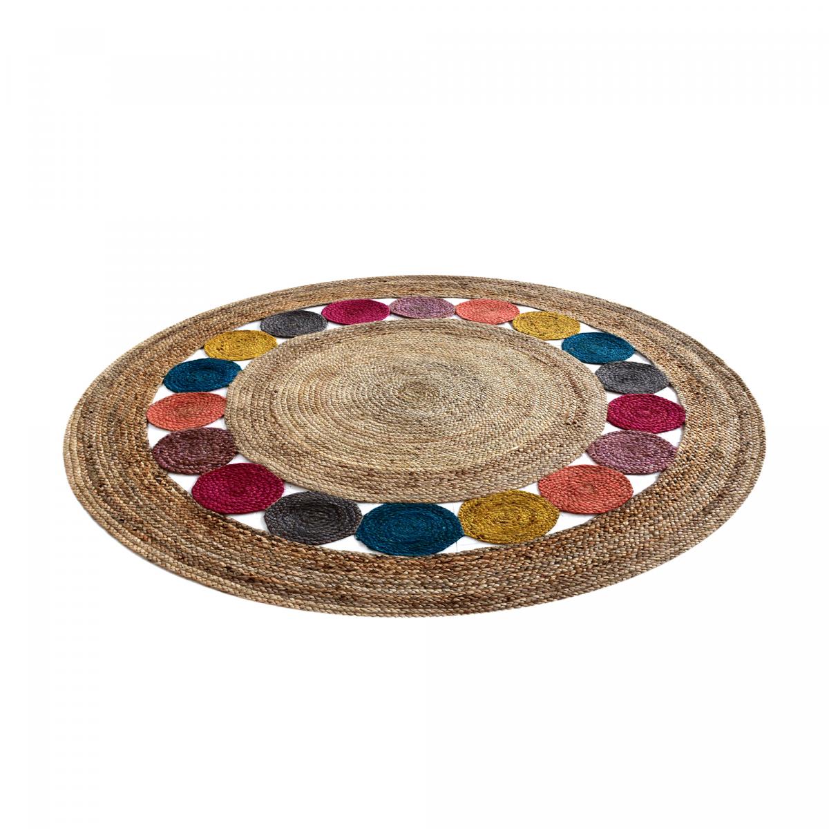 Tapis rond fait à la main en jute motif géométrique RONDA multicolore, UN AMOUR DE TAPIS