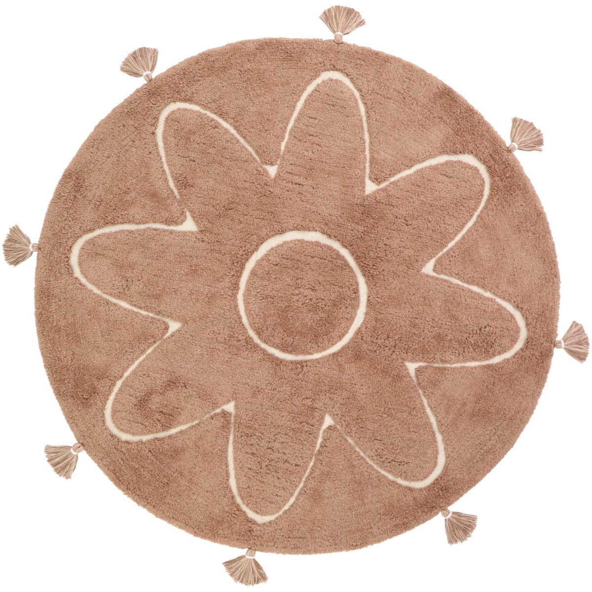 Tapis enfant coton rond avec pompons YVA brun rose, NATTIOT