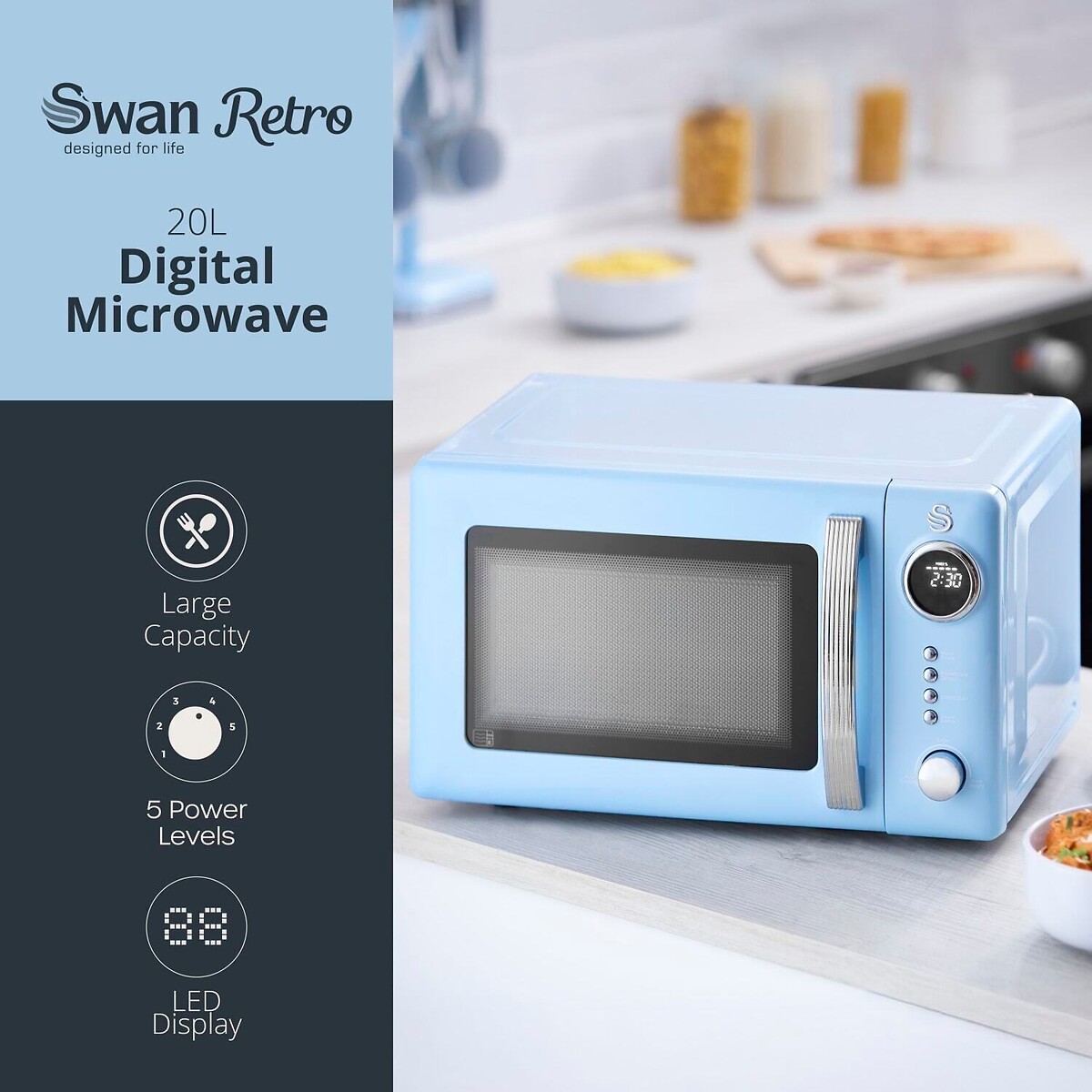 RetroRevive 800W Digital Microwave blue, SWAN