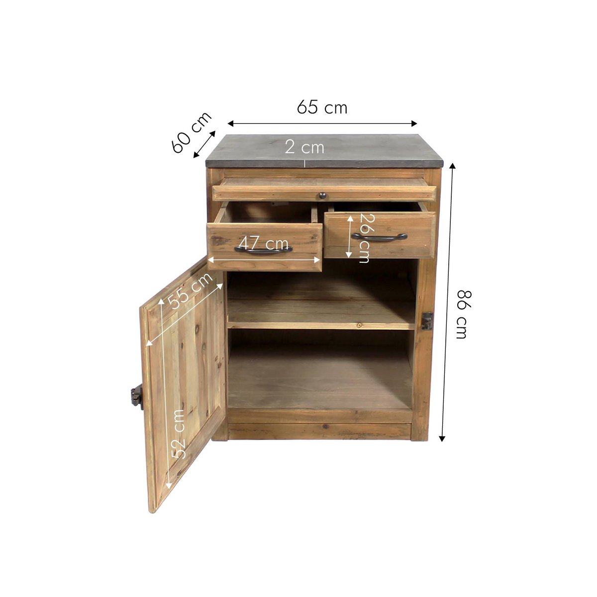 Meuble bas de cuisine en bois recyclé et pierre bleue CHAMPÊTRE bois clair, MADE IN MEUBLES
