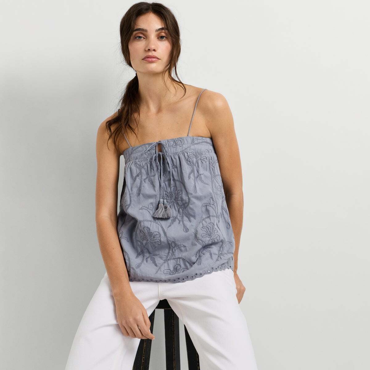 Blouse Avec Broderies Florales bleu mer tempête, PEPE JEANS