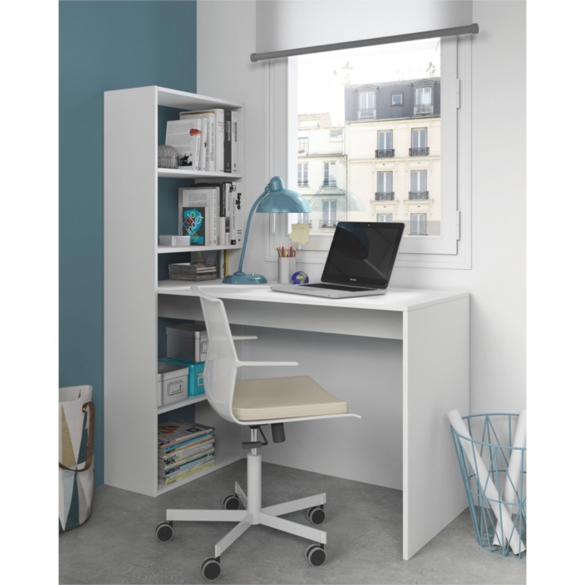 Bureau réversible avec étagère de rangement - L120 cm blanc, CALICOSY