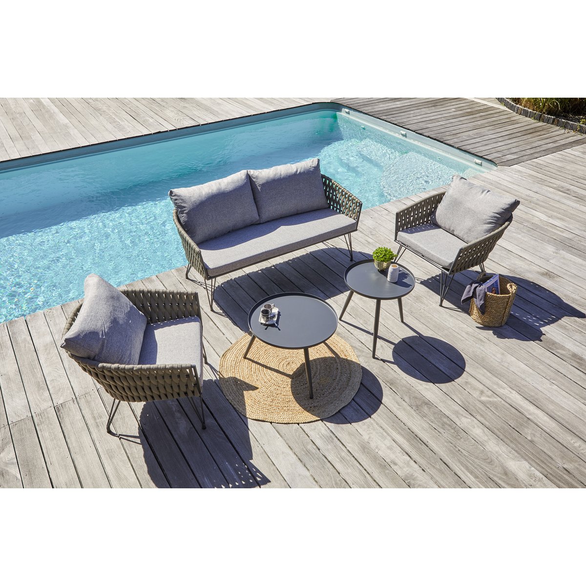 Salon de jardin 4 places en corde tissée et acier CAPRI taupe, DCB GARDEN