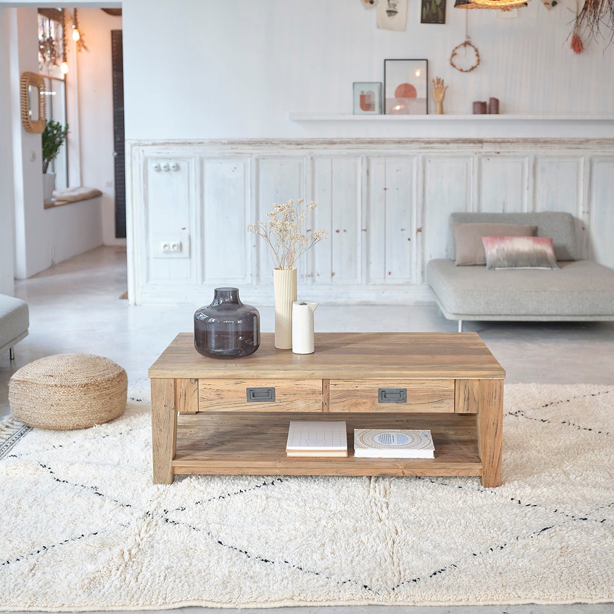 Table basse en bois de teck recyclé 120 cm CARGO naturel, BERAH GETAH