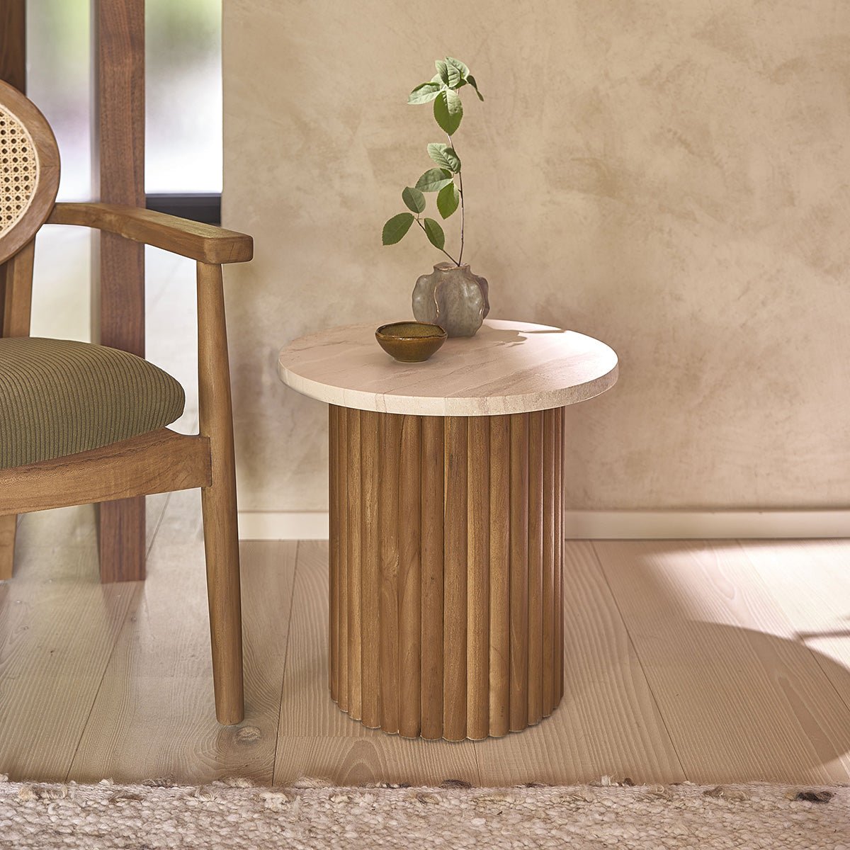 Table d'appoint en teck massif et marbre  COLINE blanc, BERAH GETAH