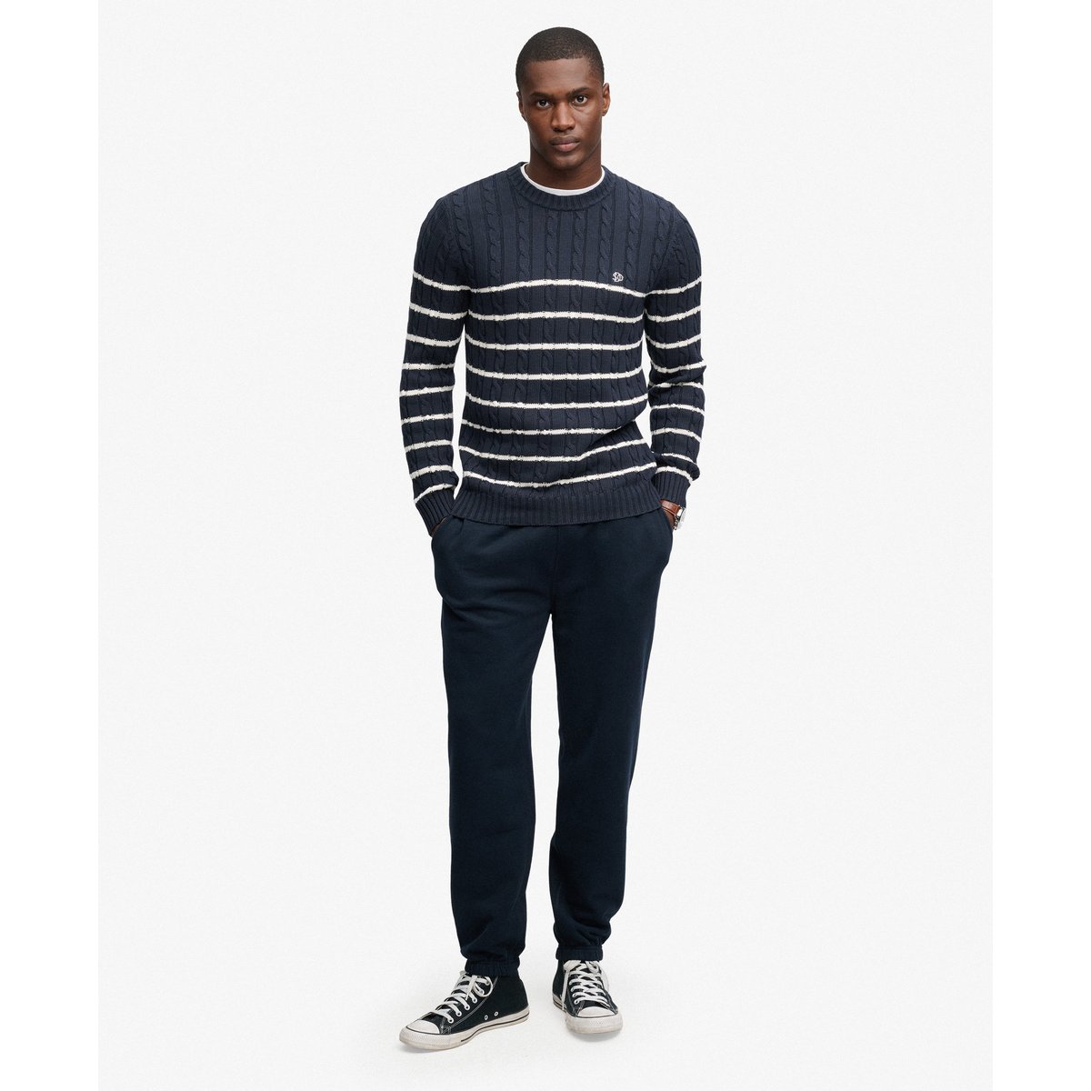 Pull en maille torsadée à rayures en coton rayé bleu marine/blanc, SUPERDRY