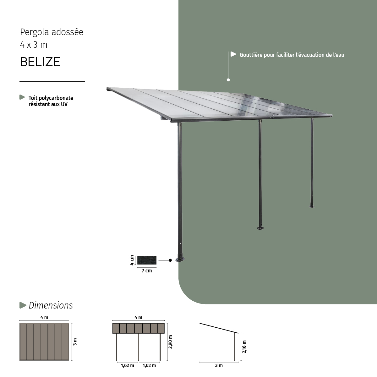 Pergola adossée en aluminium toit polycarbonate 4x3m BELIZE gris graphite, HESPERIDE