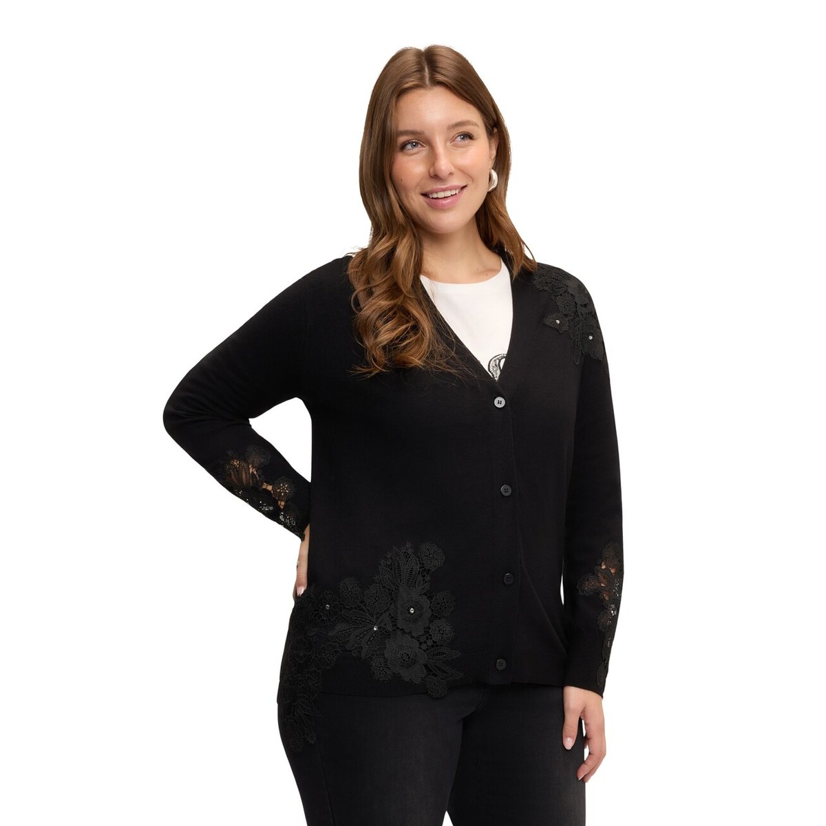 Cardigan avec applications en dentelle noir, FIORELLA RUBINO