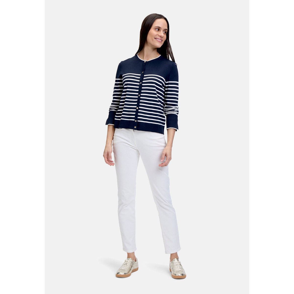 Cardigan en maille basique à rayures patch dark blue/cream, BETTY BARCLAY