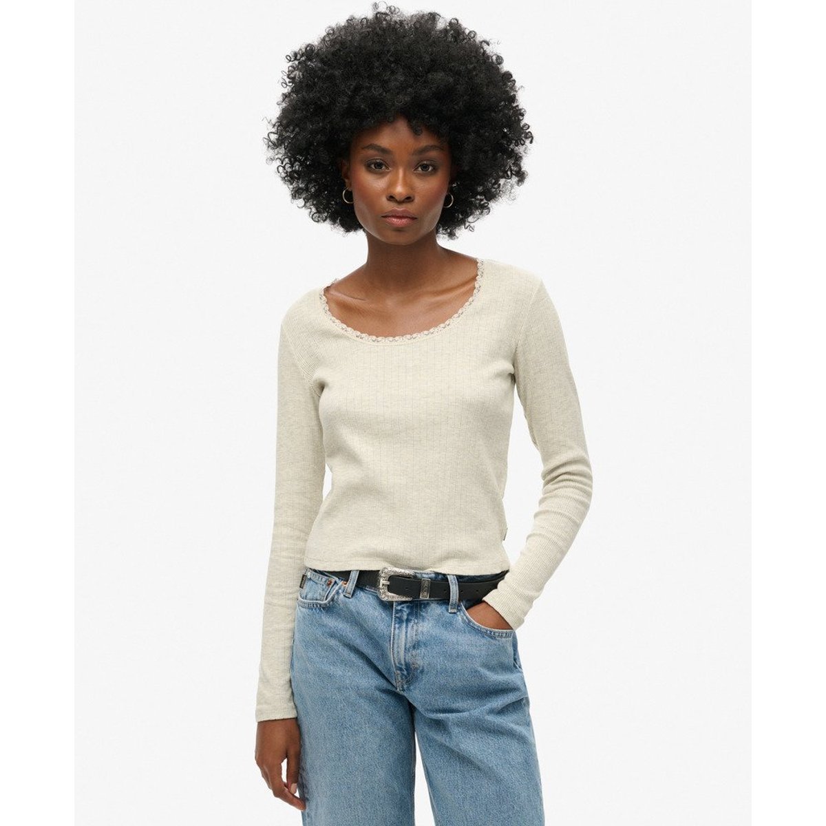 Haut à manches longues en dentelle côtelée Essential beige crème chiné, SUPERDRY