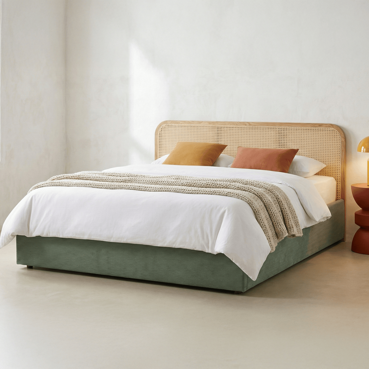 Lit coffre adulte 140x190 cm en velours côtelé avec tête de lit en bois et cannage - ELSA vert, HOMIFAB