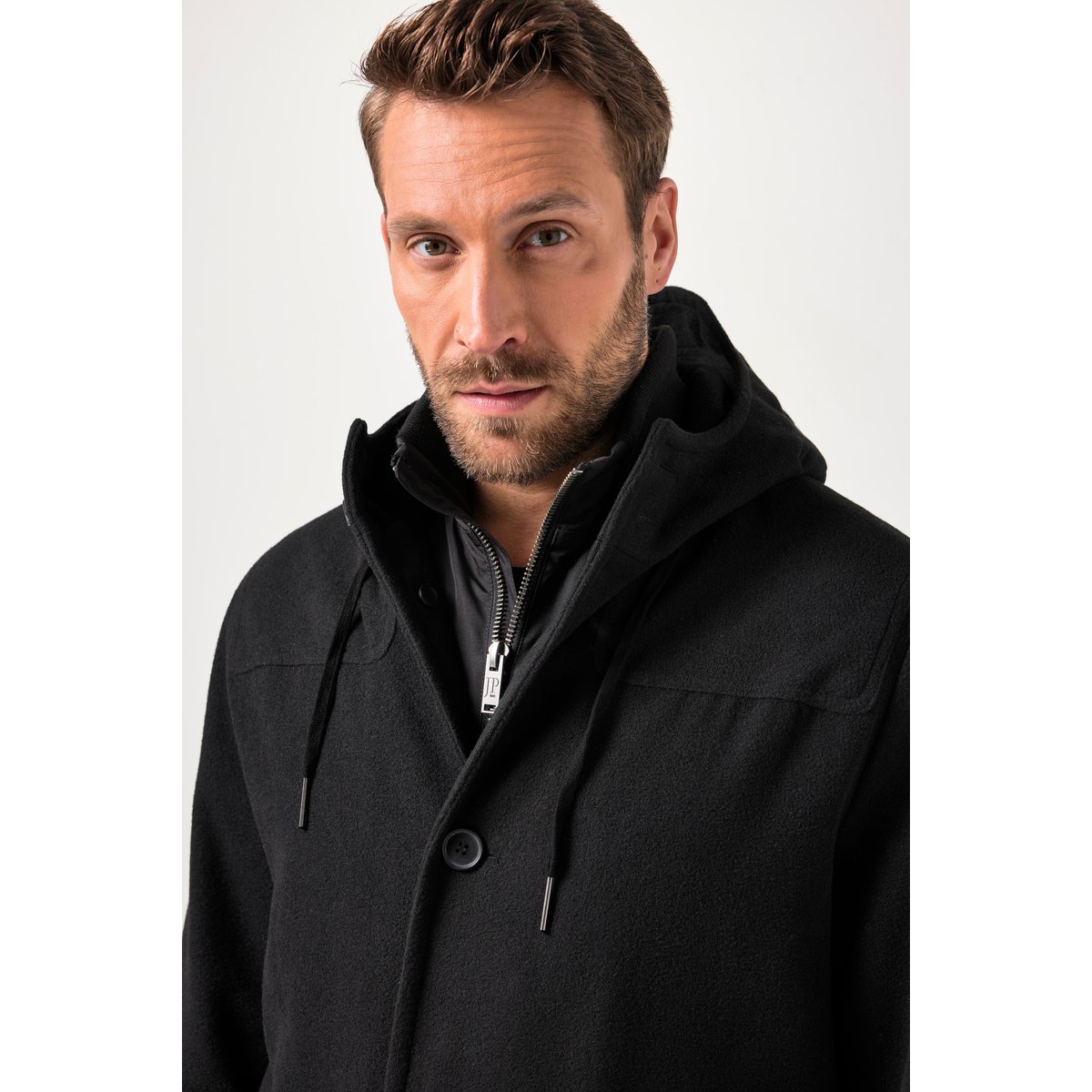 Manteau technique aspect laine noir, JP1880