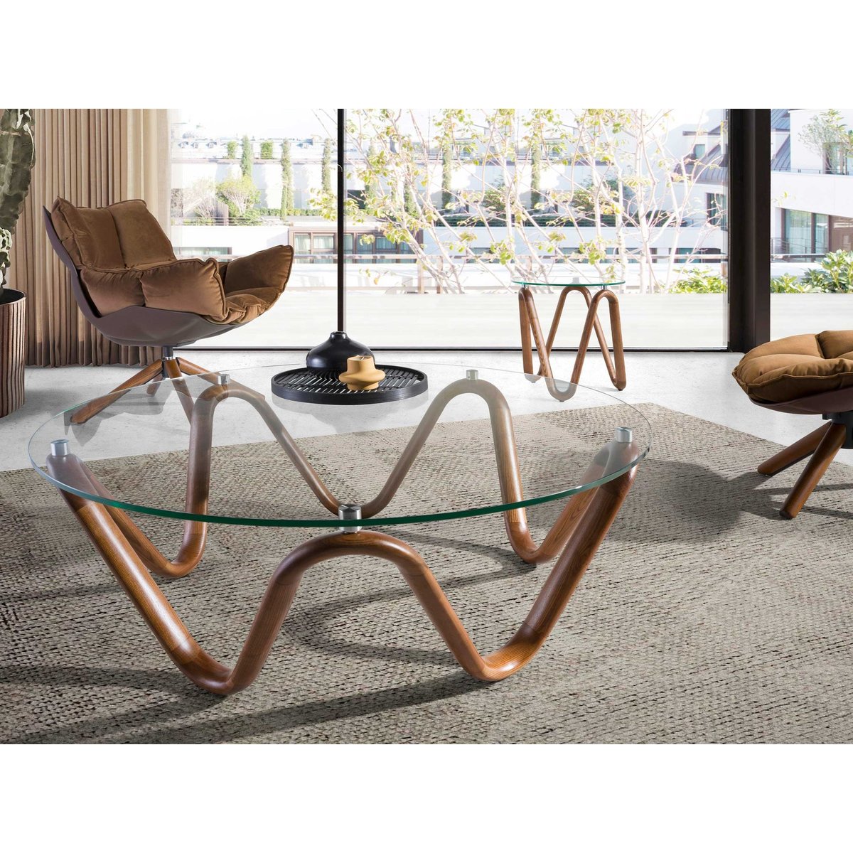 Table d'angle ronde en verre trempé et noyer verre | noyer, ANGEL CERDA