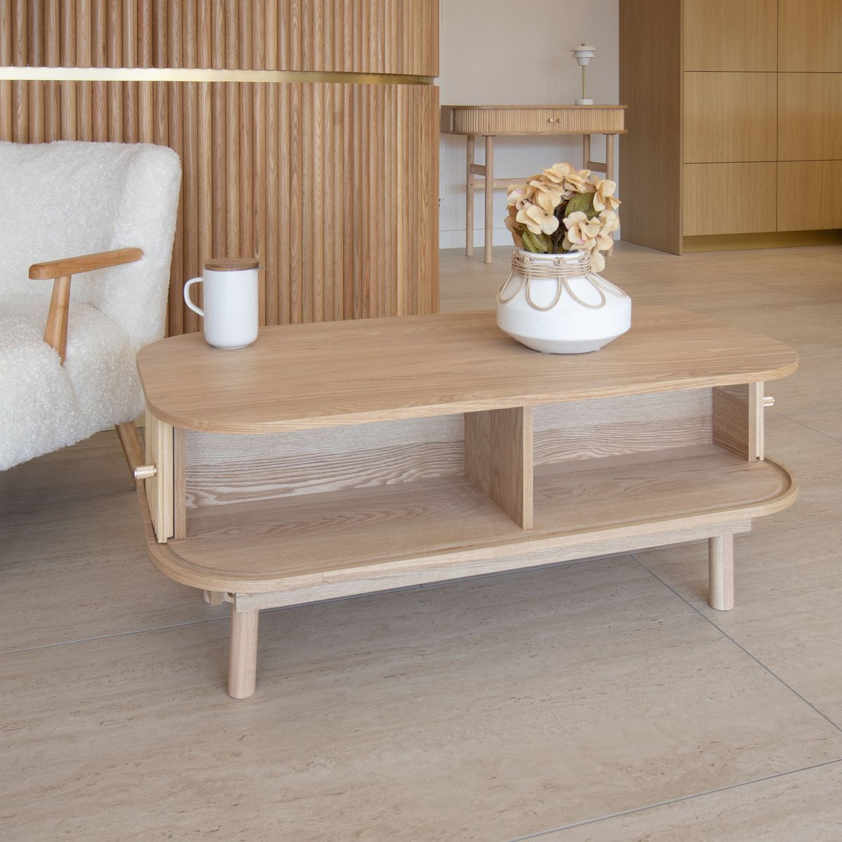 Table basse en bois clair avec portes coulissantes, HECTOR naturel, NOW'S HOME