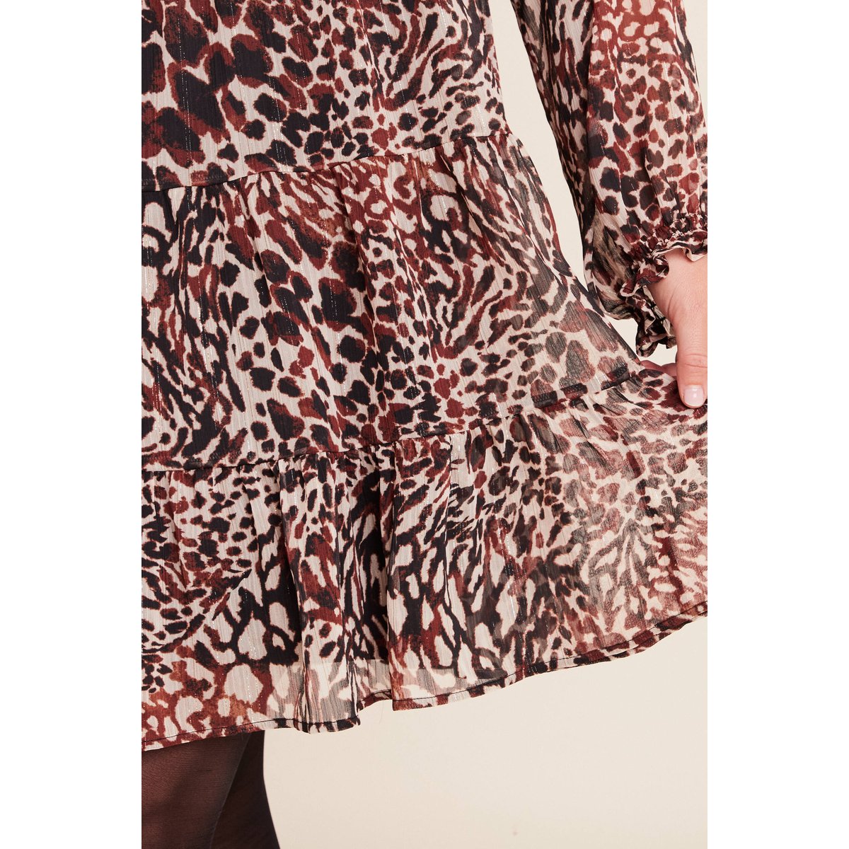 Robe courte évasée col v manches longues marron, BREAL