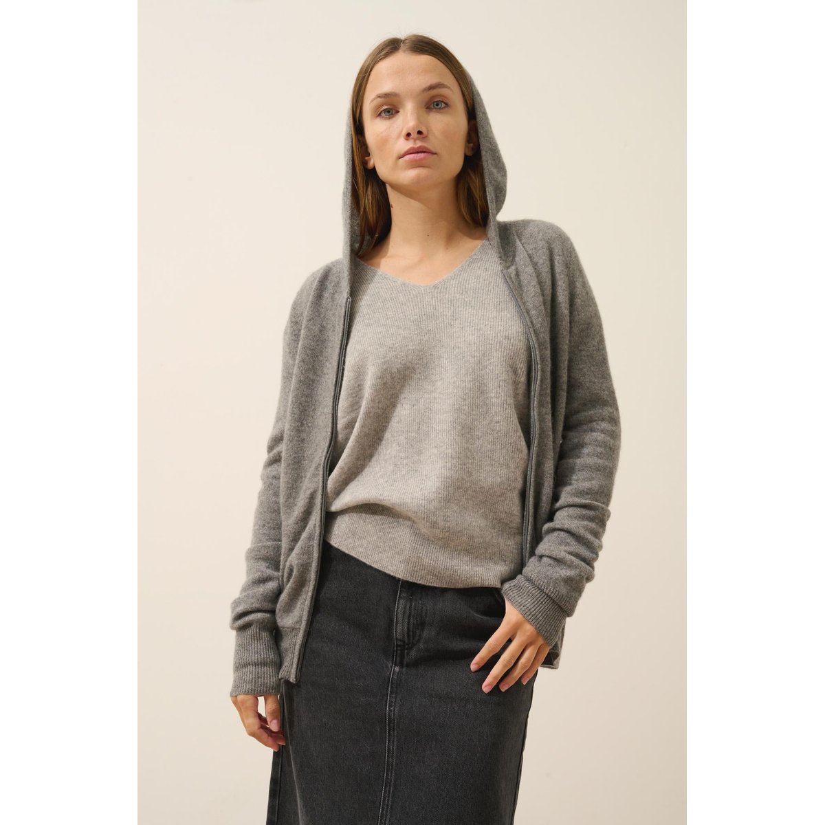 Gilet Zippé Capuche Flanelle Chiné Debbie gris chiné, JUST CASHMERE