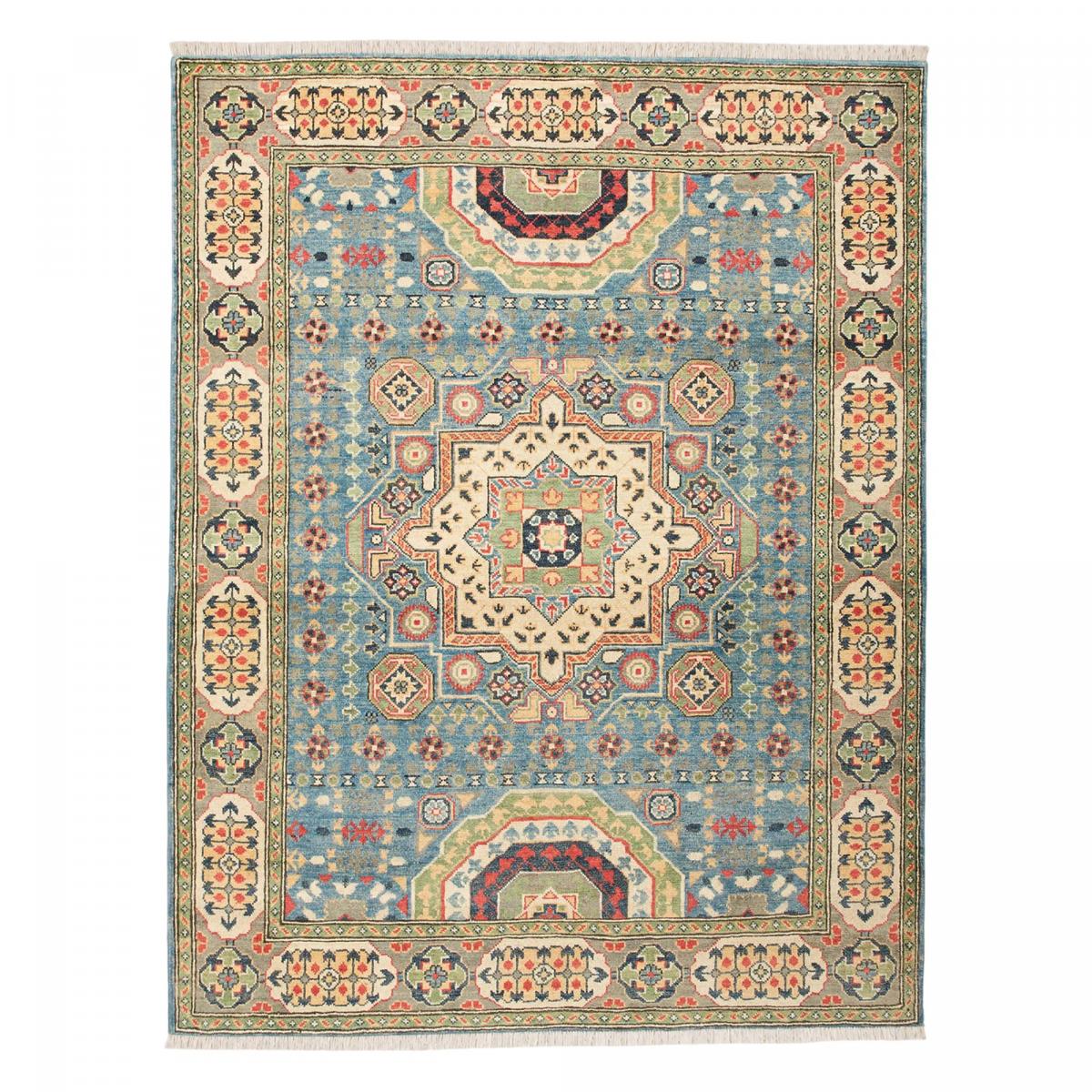 Tapis salon, motif géométrique noué main, laine naturelle, KAZAK CO 69 bleu, beige, rouge, UN AMOUR DE TAPIS