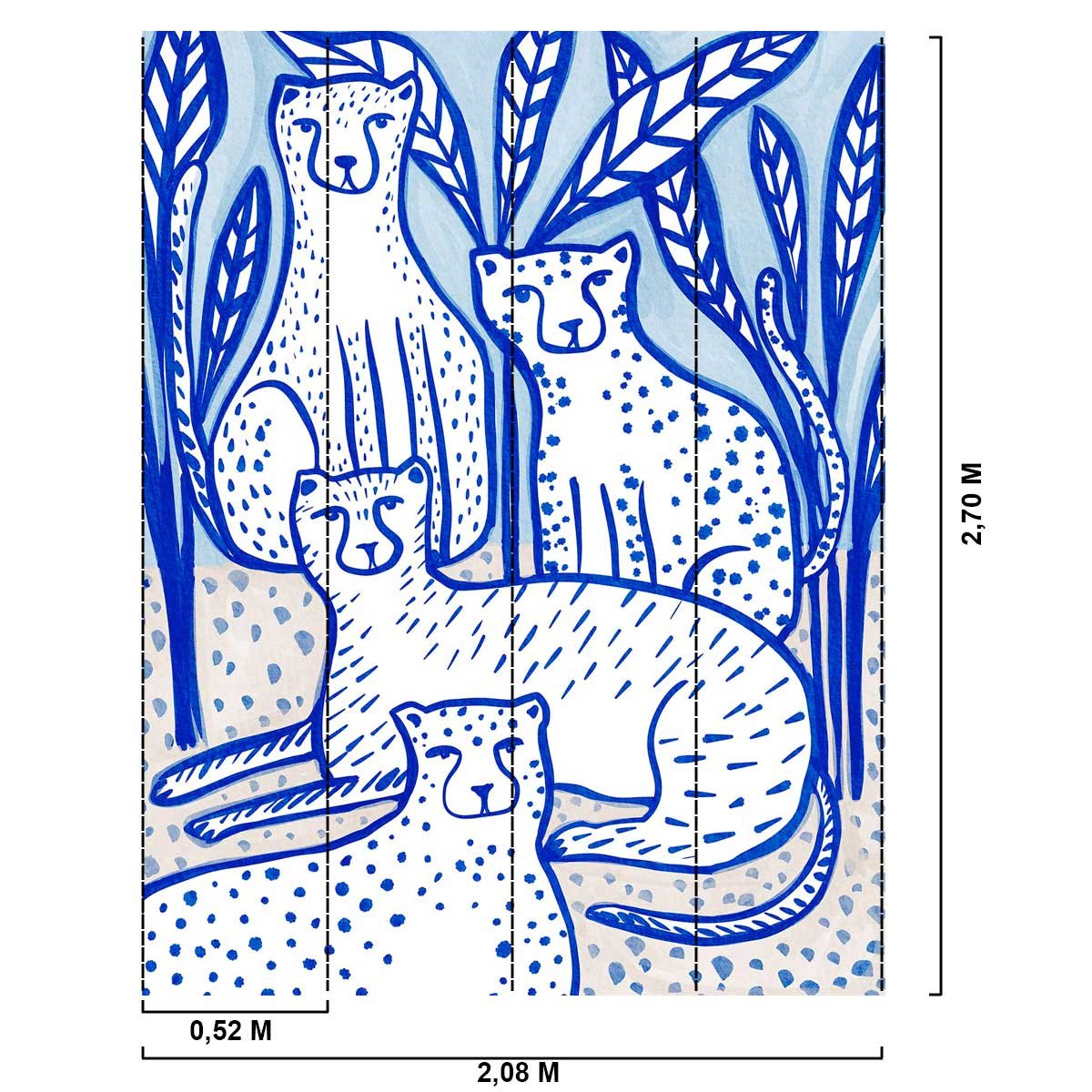 Papier peint léopards stylisés bleu et blanc esprit illustration bleu, HEXOA