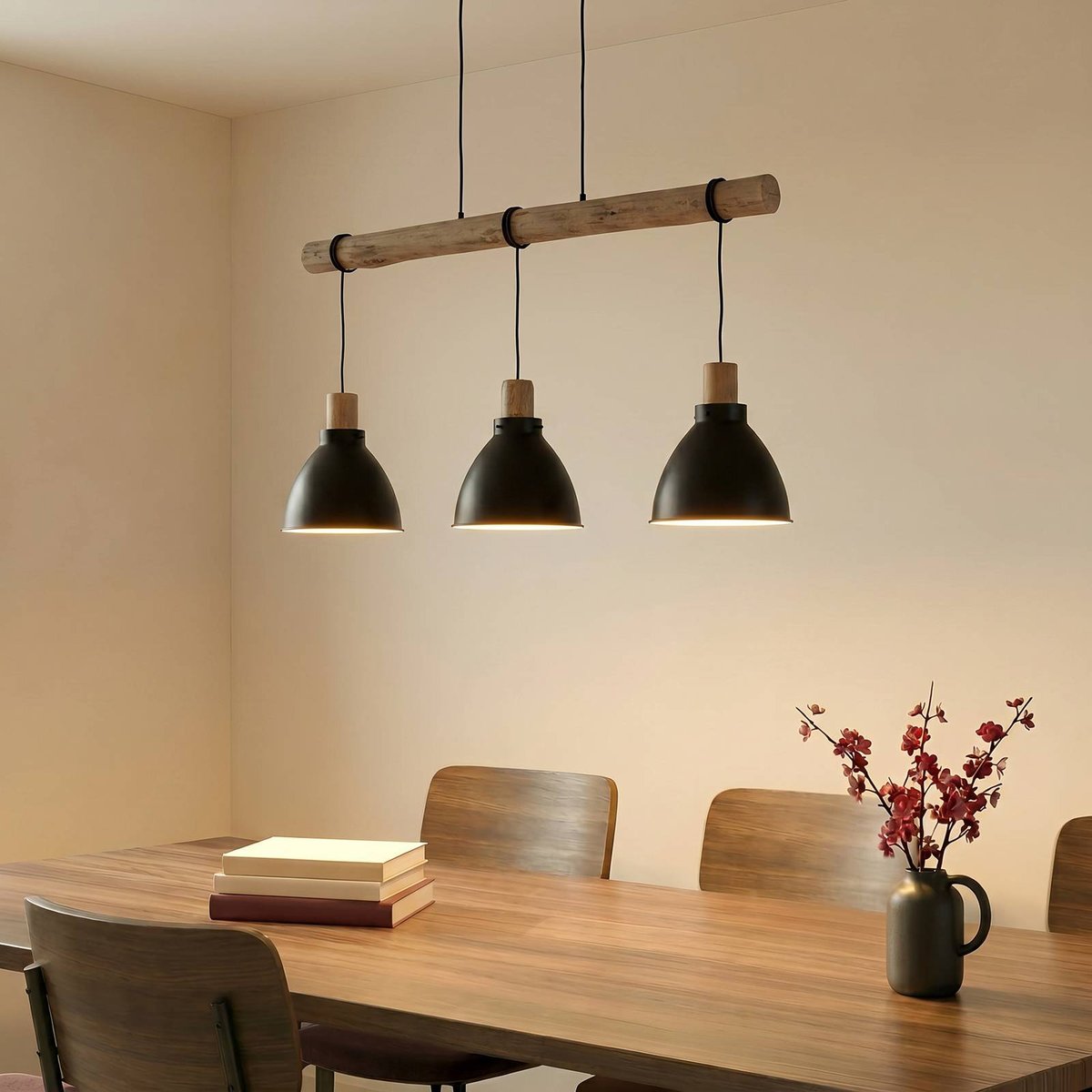 Suspension en métal scandinave, Trebale noir, bois clair, LINDBY