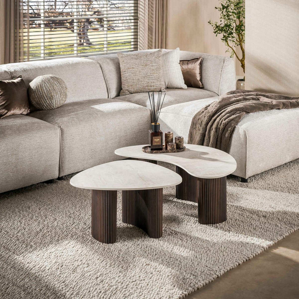 Table basse céramique 3D design organique (x2) MAHAL beige, PIER IMPORT