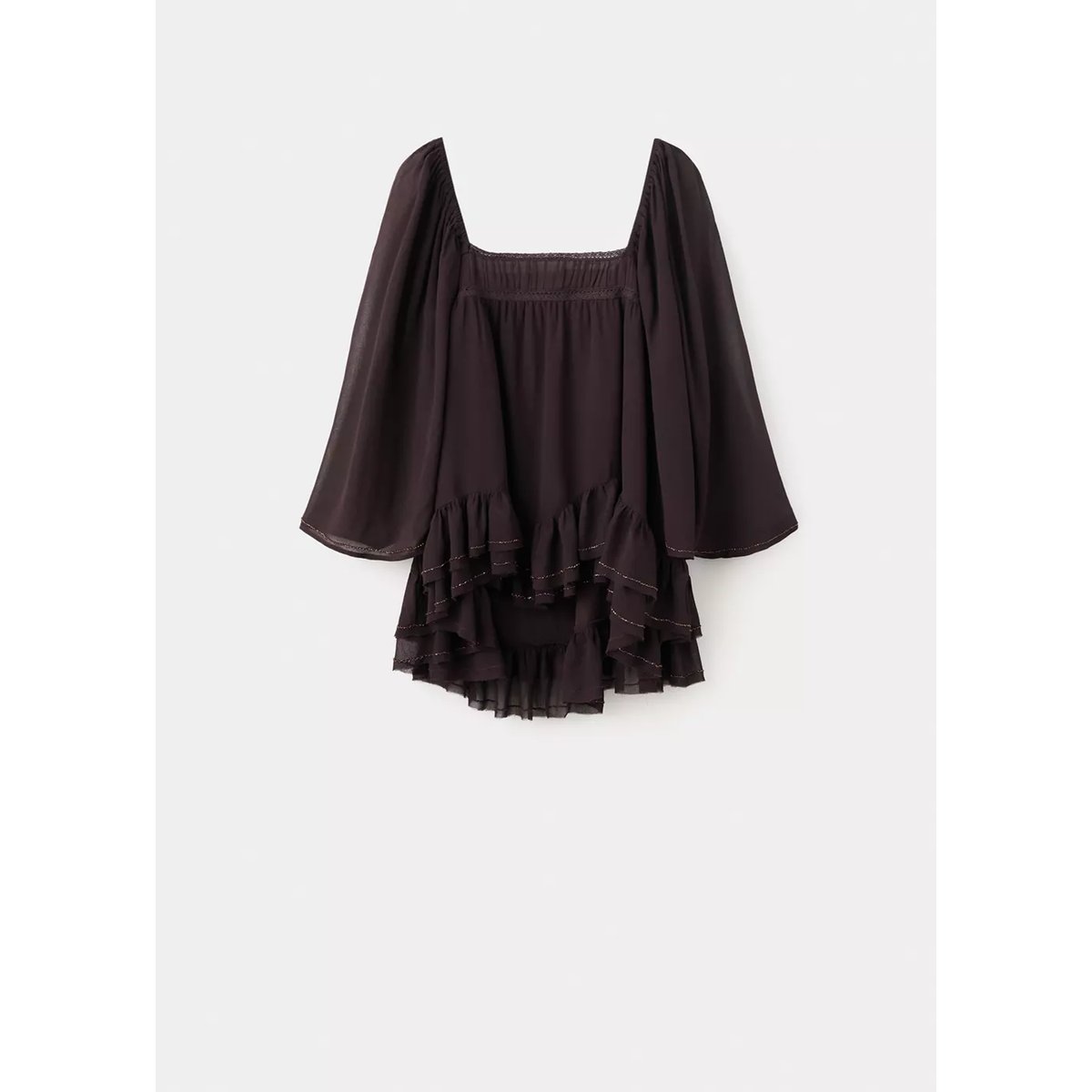 Blouse à volants avec perles marron, MANGO