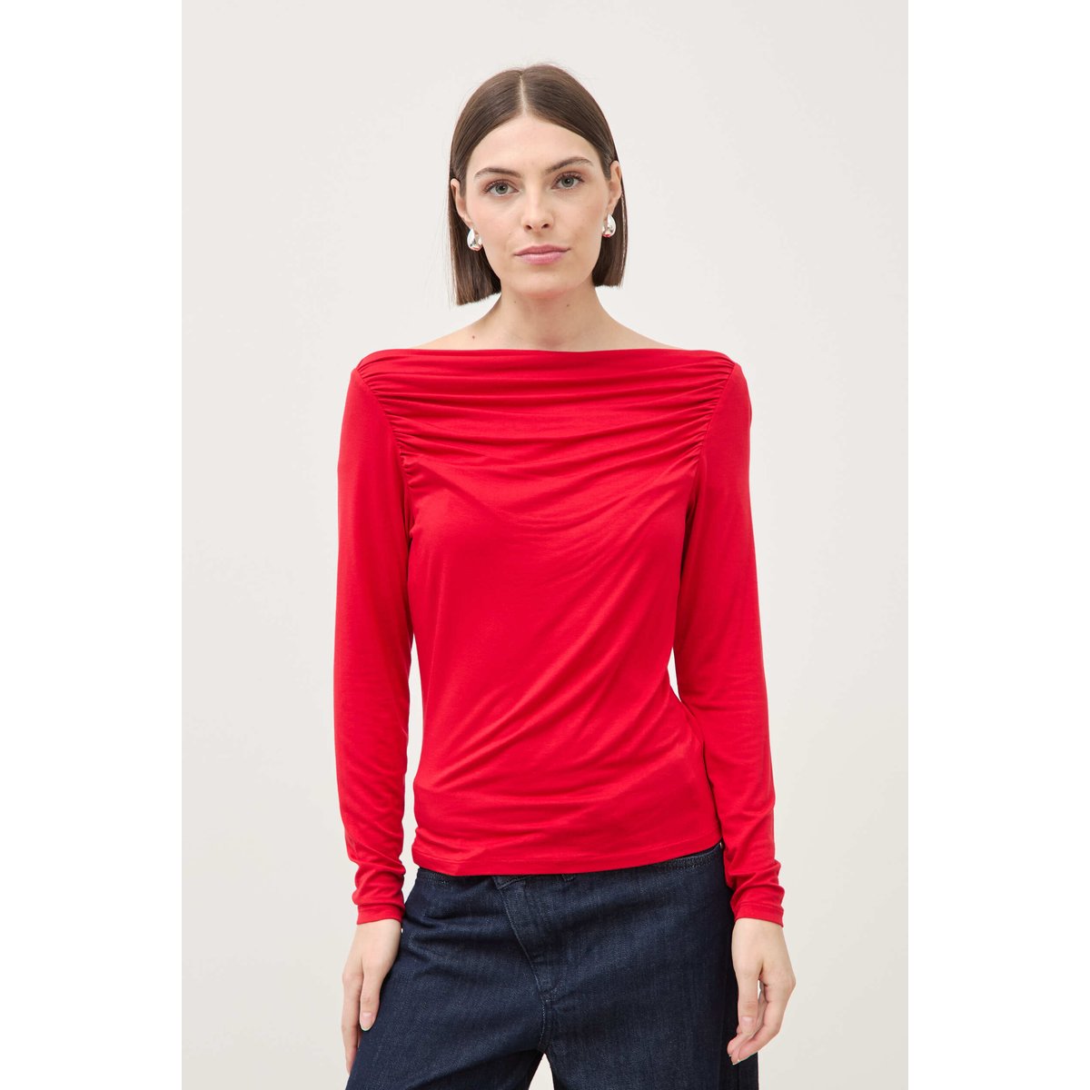 T-shirt ajusté manches longues bardot rouge, BONOBO