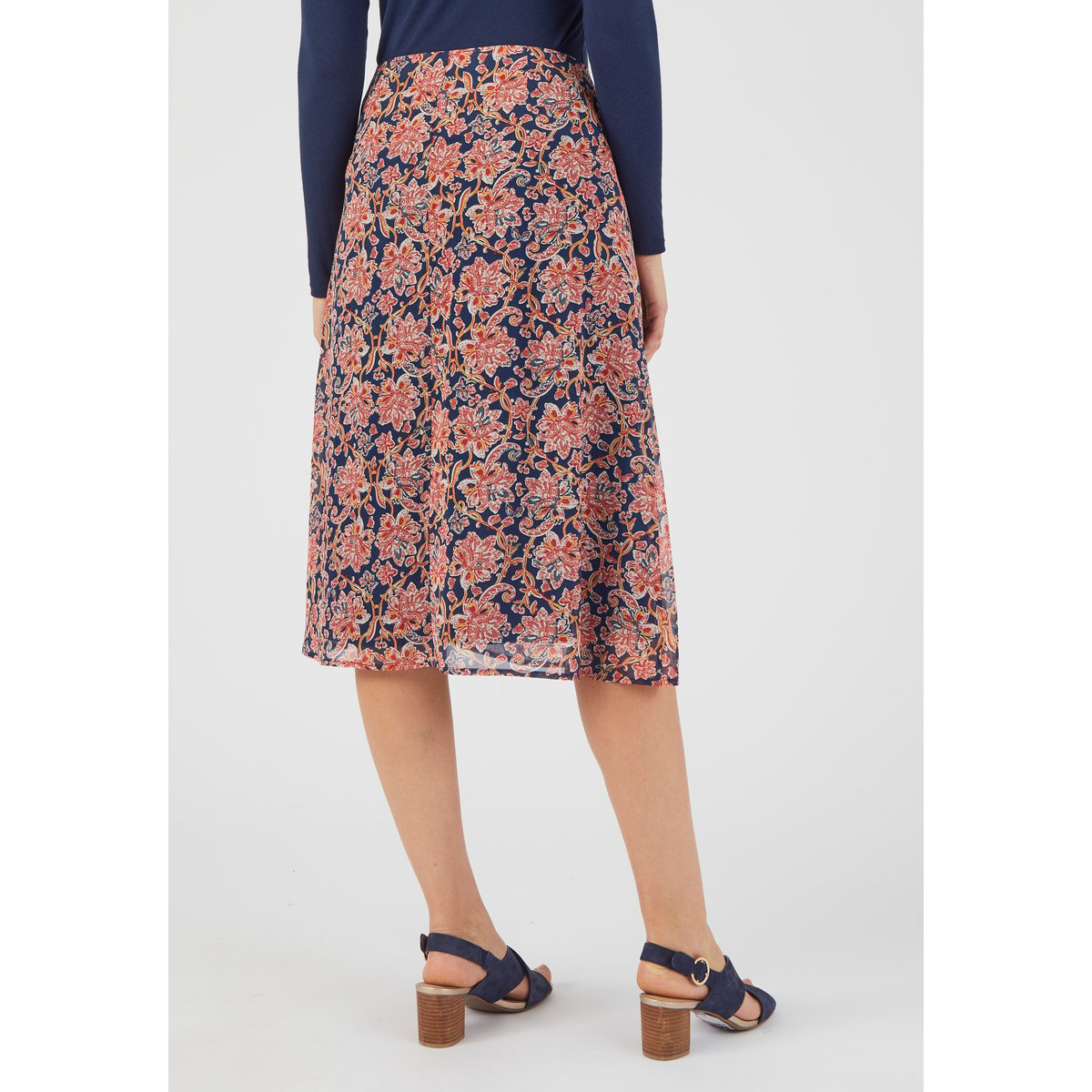 Jupe voile taille effet drapé bleu marine fleuri, DAMART