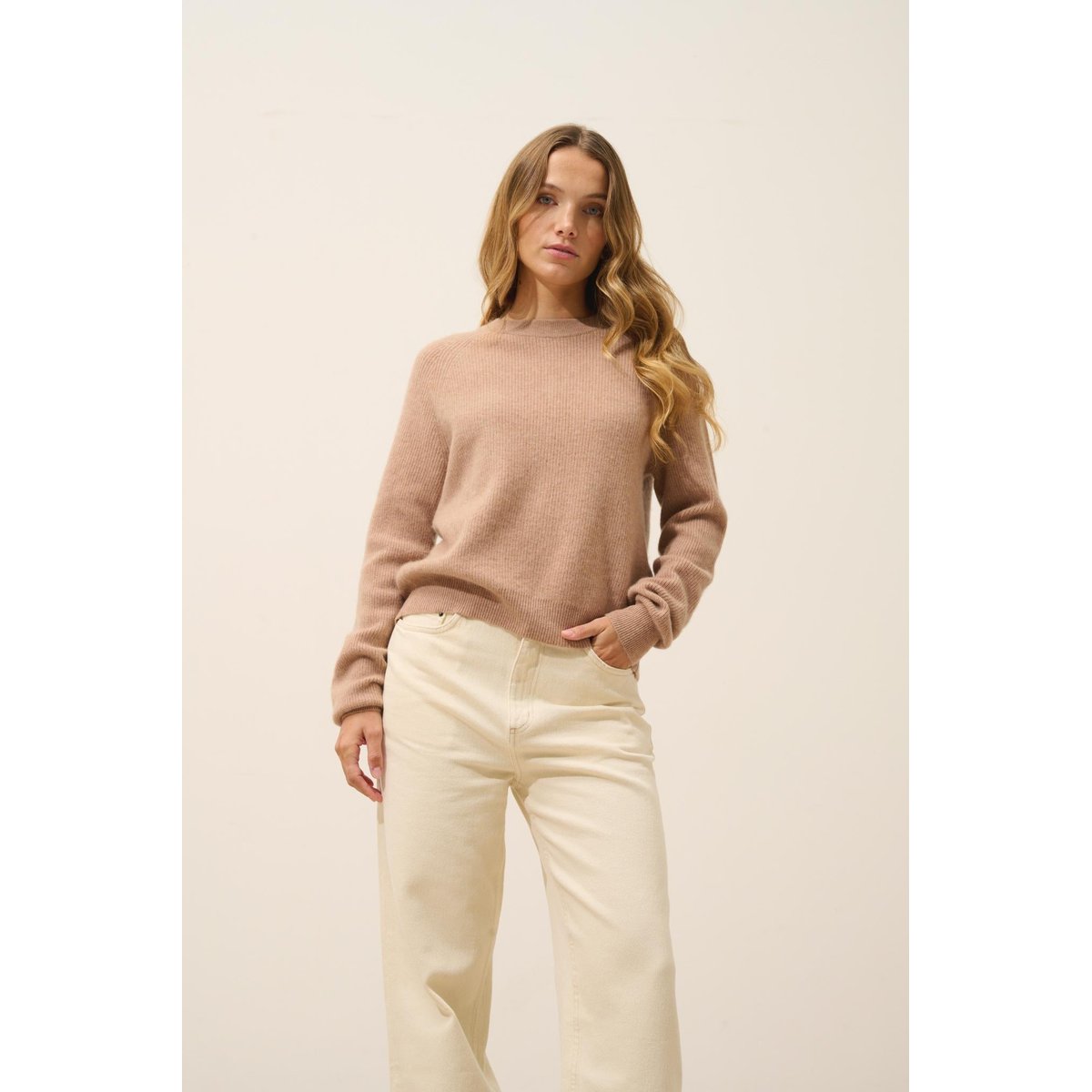 Pull Col Rond Zippé Dos Camel Chiné Jona camel chiné, JUST CASHMERE