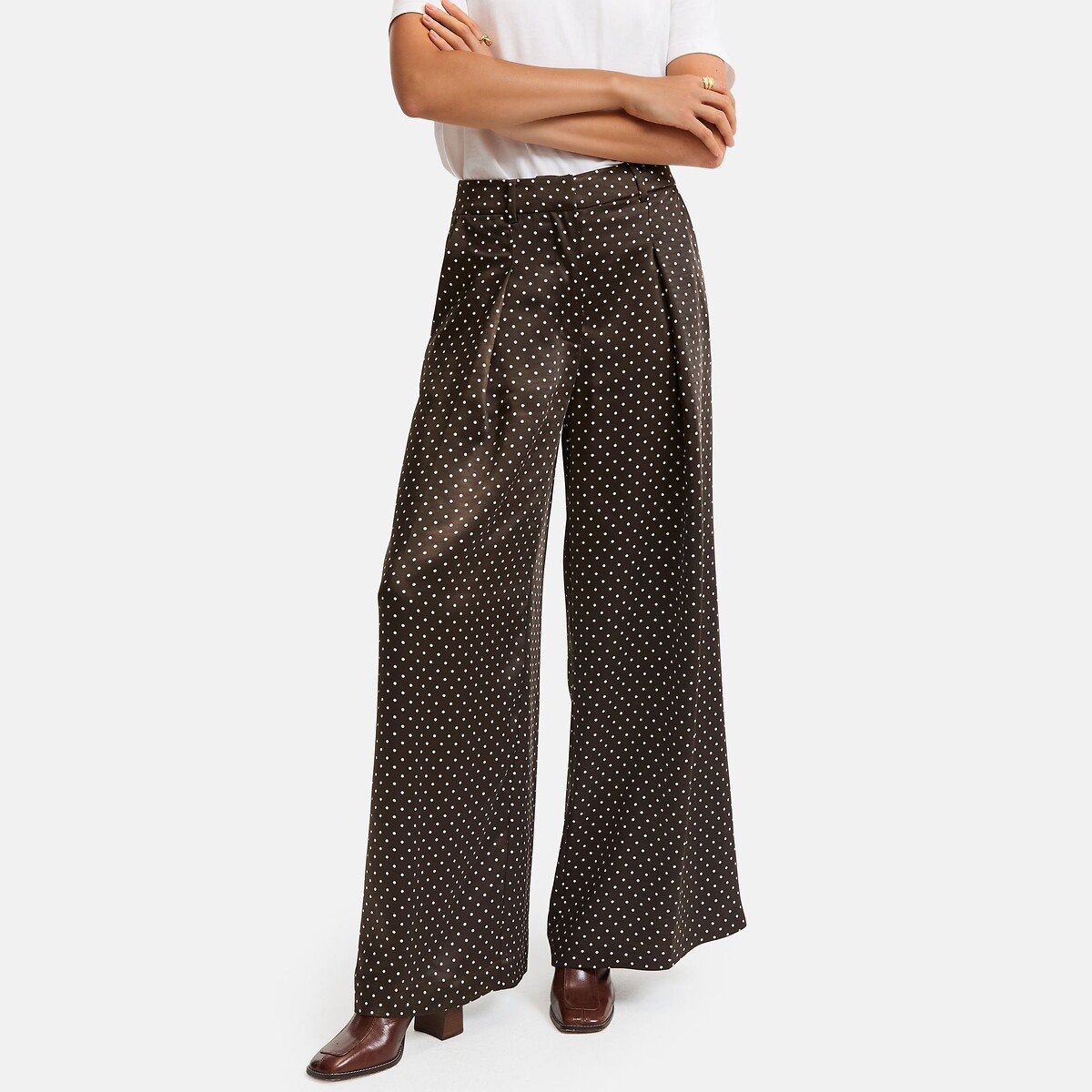Calças largas com bolinhas em cetim imprimé pois marron/écru, LA REDOUTE COLLECTIONS