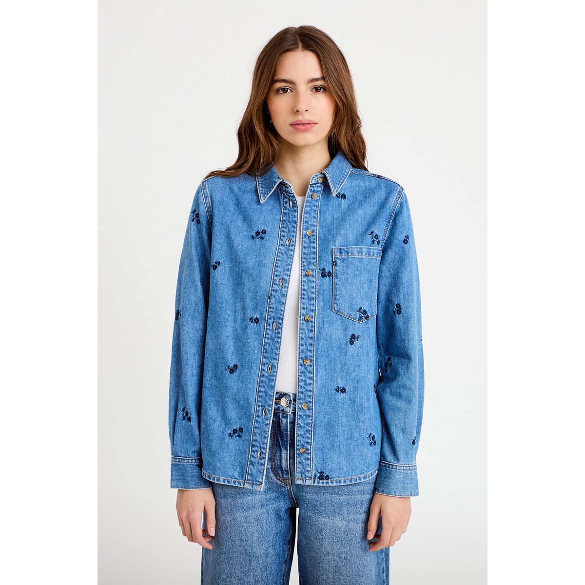 Chemise droite courte manches longues bleu, CACHE CACHE